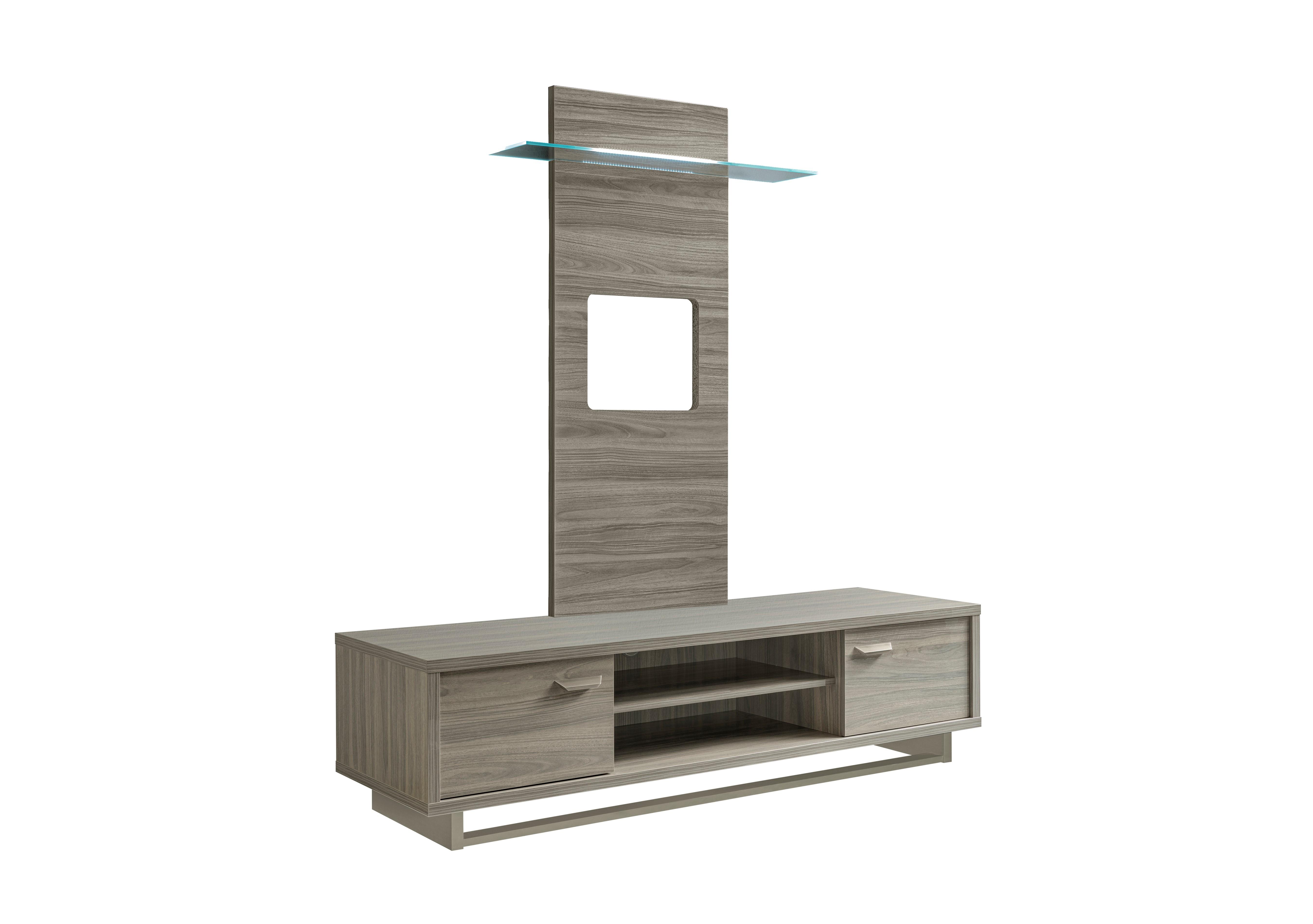 Venezia TV Unit Base plus Wall Panel with Shelf and LED Lights in Grey on Furniture Village