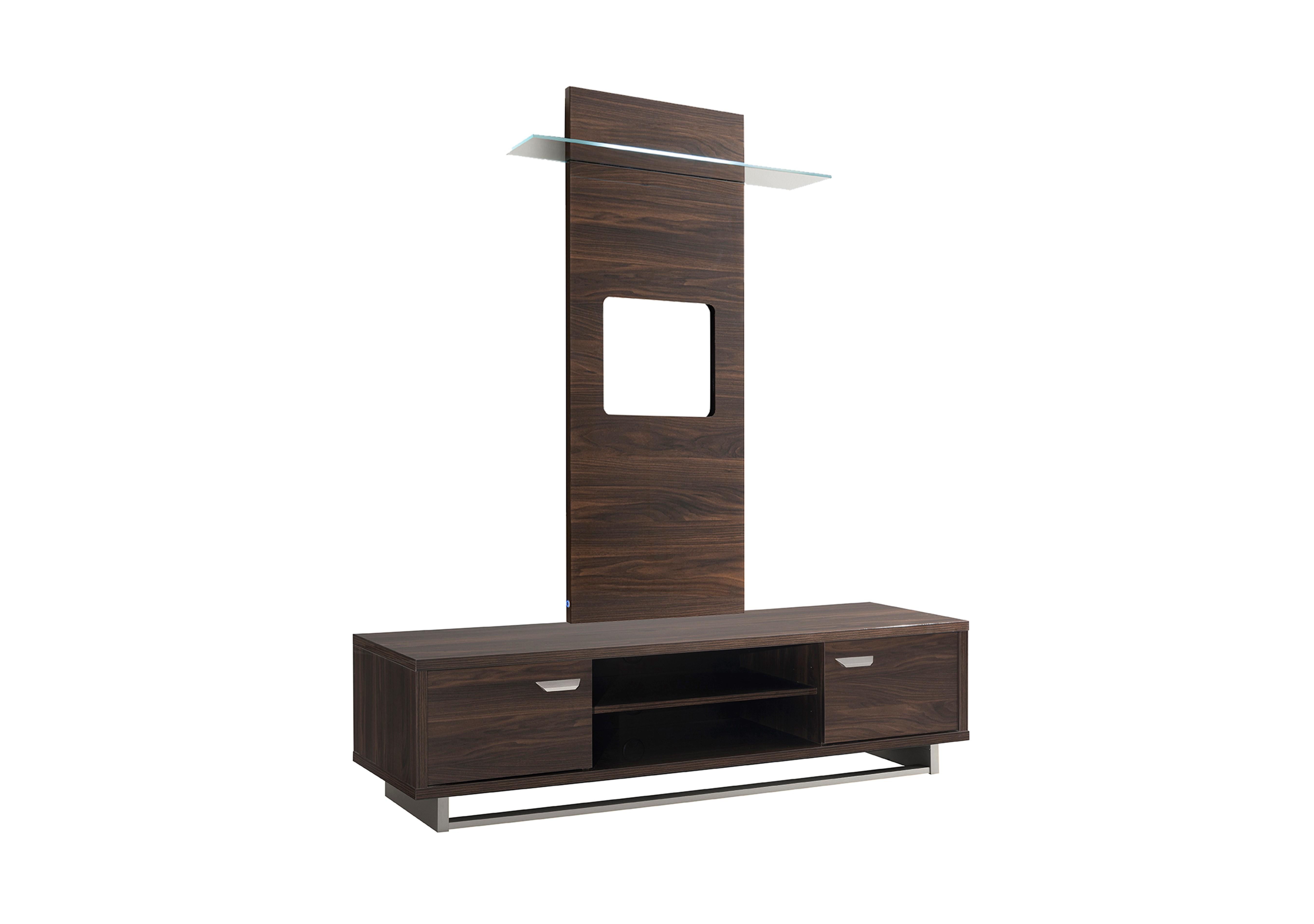 Venezia TV Unit Base plus Wall Panel with Shelf and LED Lights in Walnut on Furniture Village
