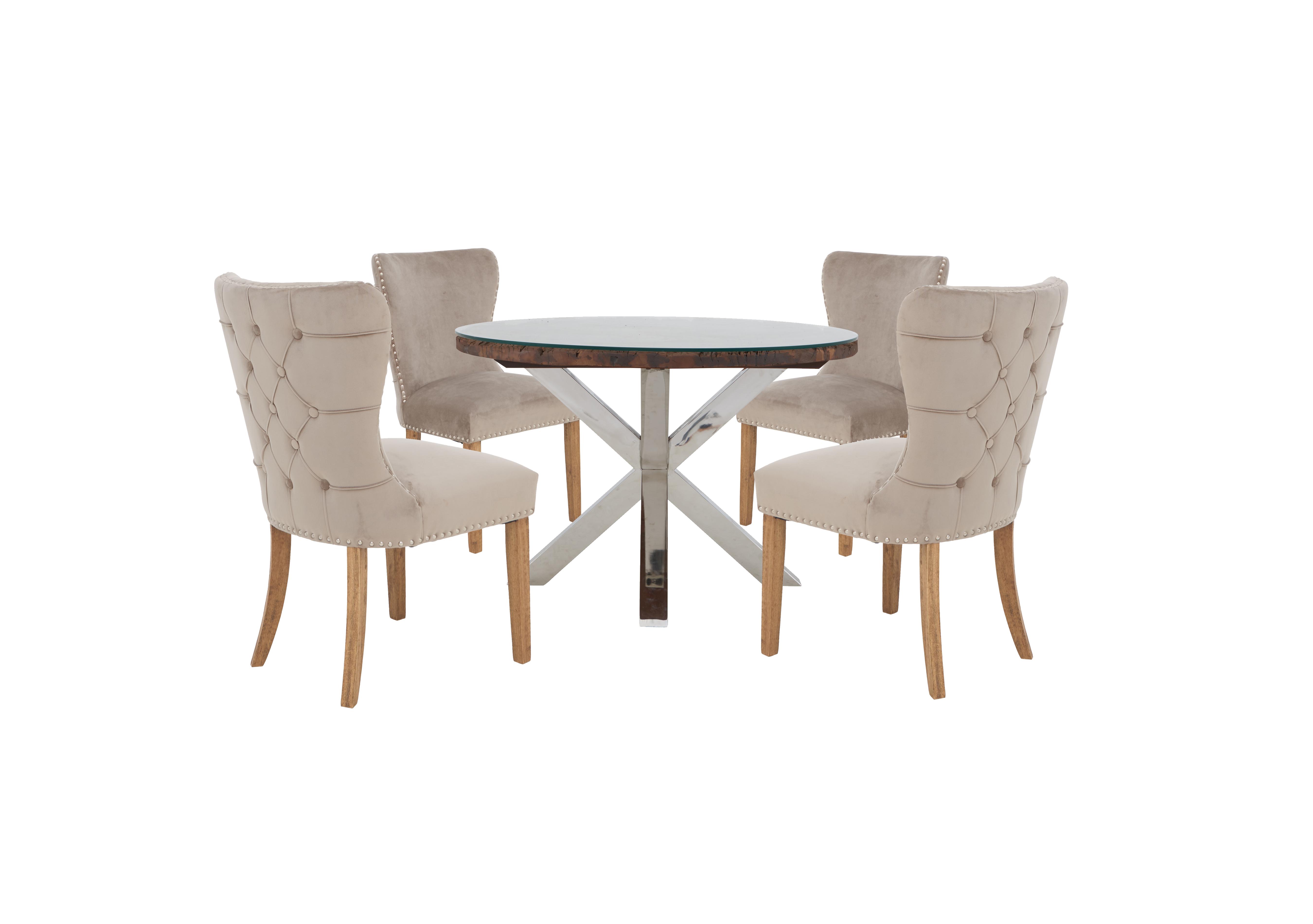 Chennai Round Dining Table with 4 Luxe Dining Chairs in Taupe on Furniture Village