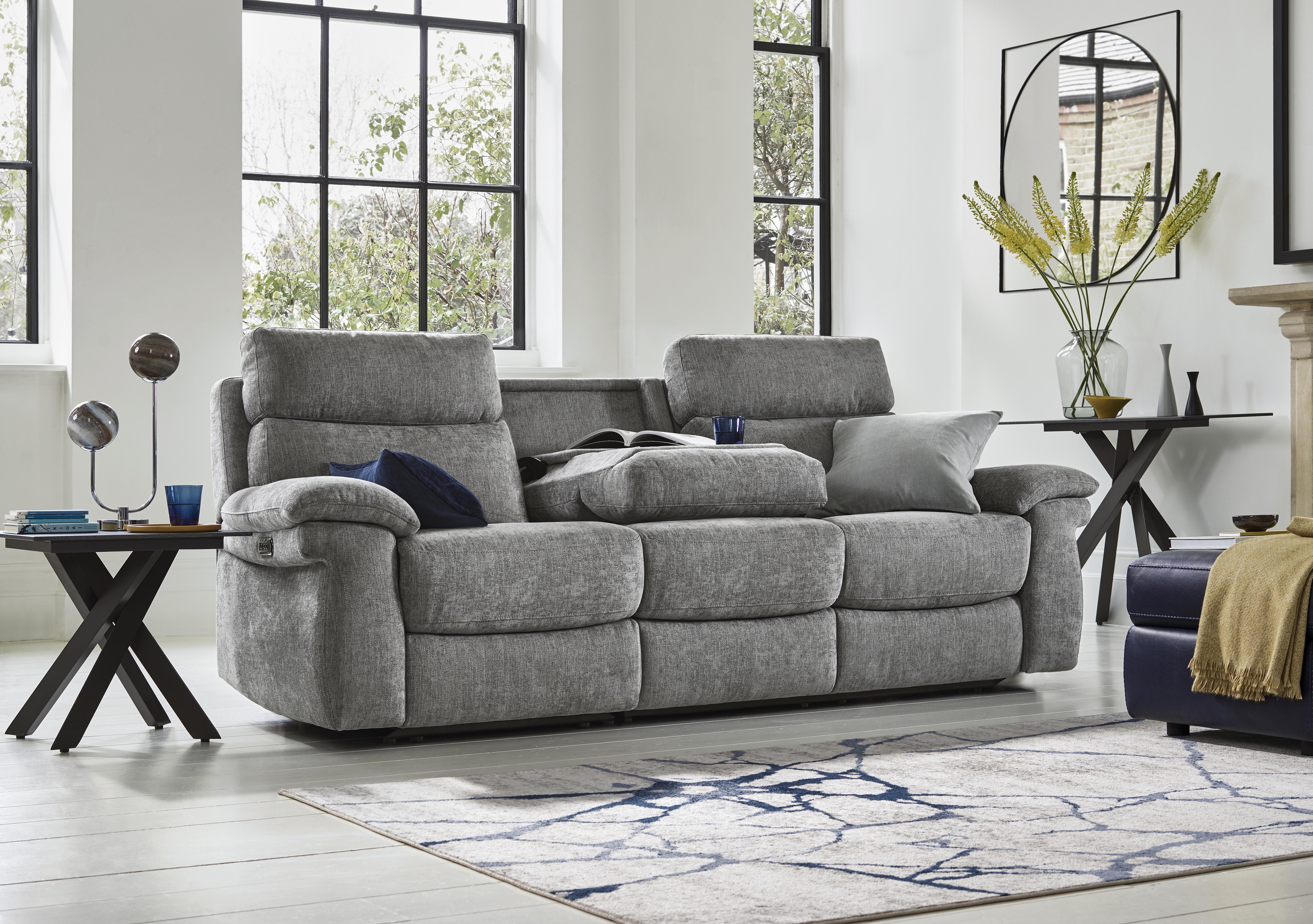 Serene 3 Seater Fabric Power Recliner Sofa with Drop Down Table and Power Headrests in  on Furniture Village