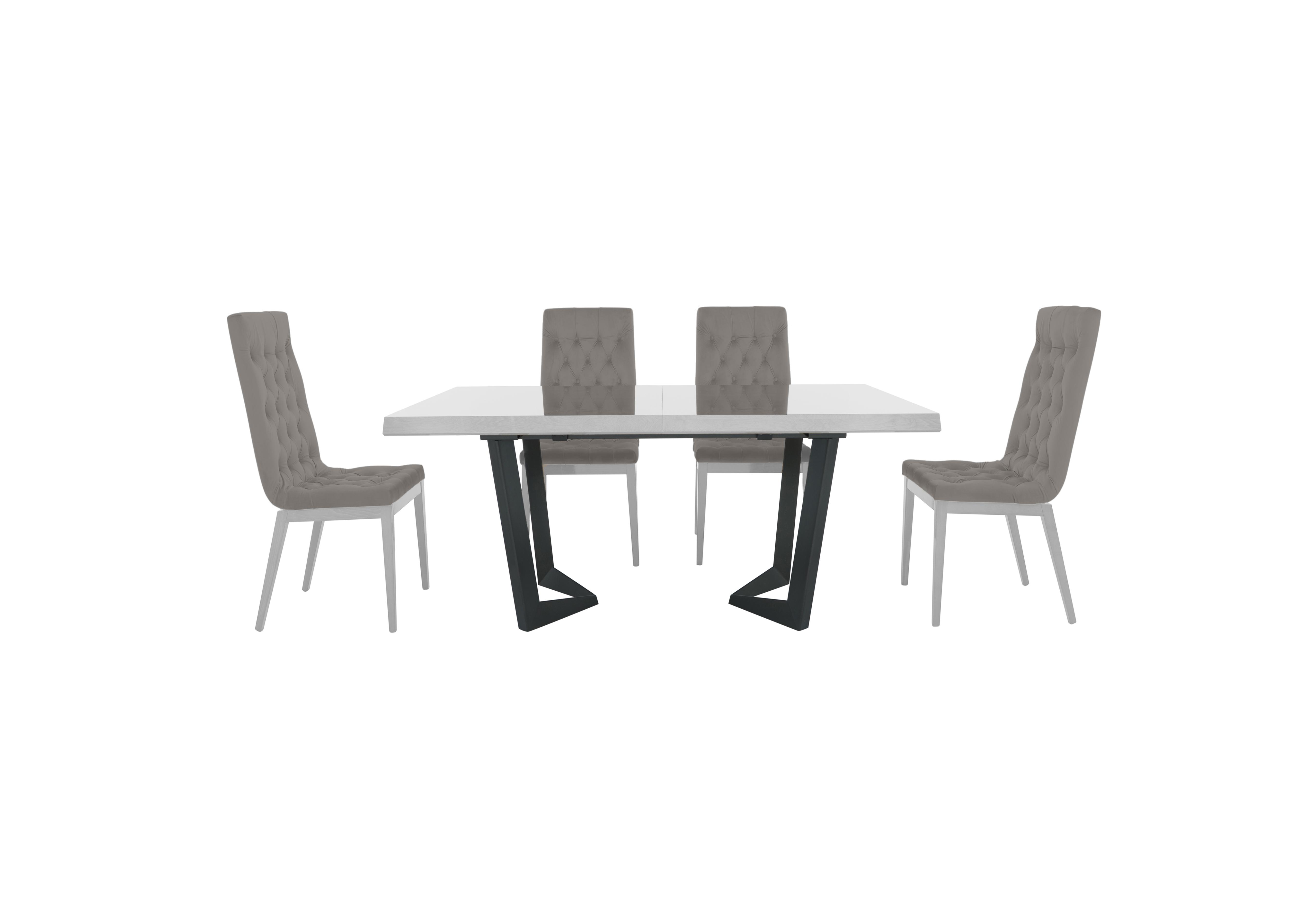 Palazzo 160cm Extending Dining Table in Glossy White with 4 Capitonne Buttoned Dining Chairs in 374 Scarlet 05 Silver on Furniture Village
