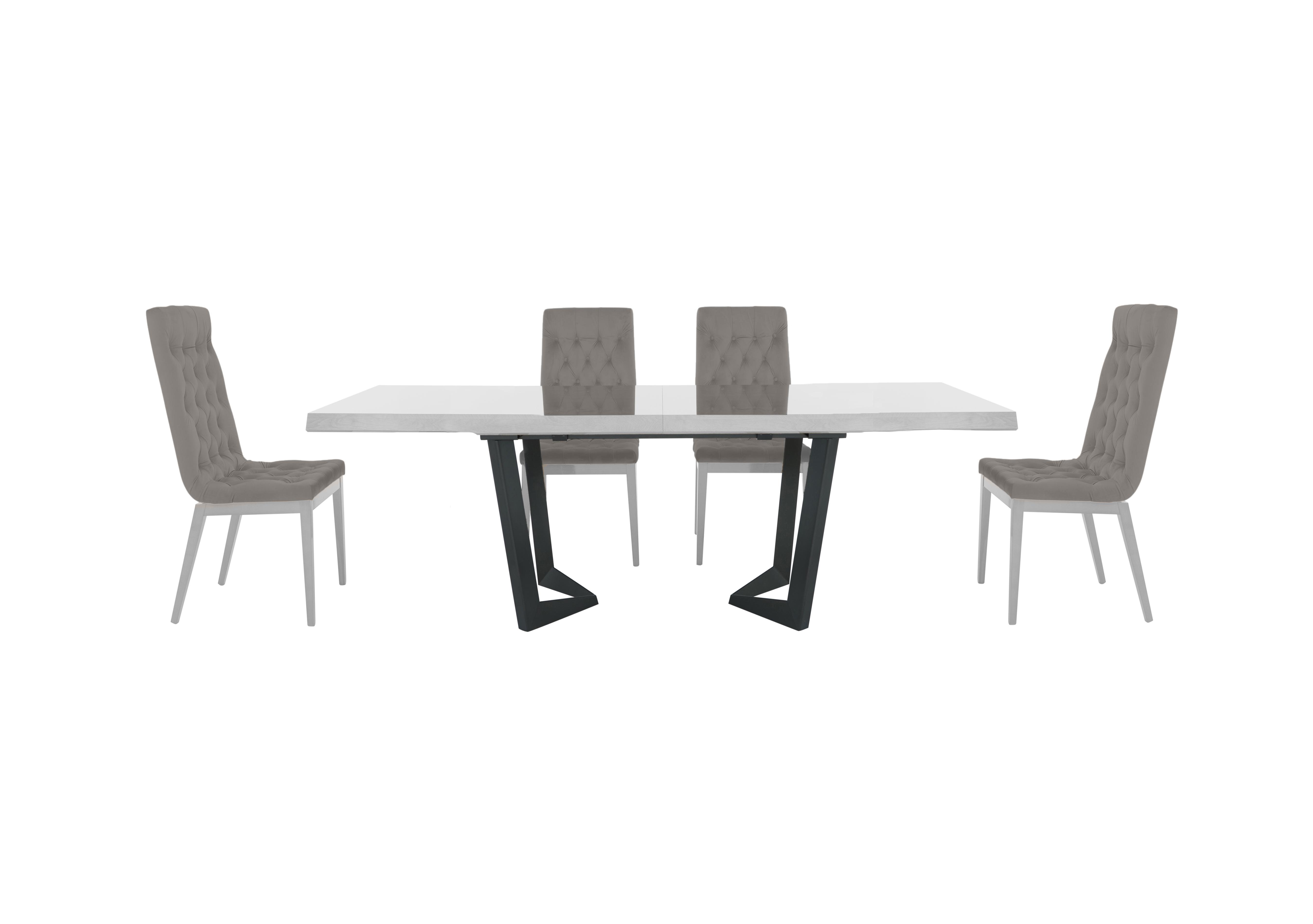 Palazzo 200cm Extending Dining Table in Glossy White with 4 Capitonne Buttoned Dining Chairs in 374 Scarlet 05 Silver on Furniture Village