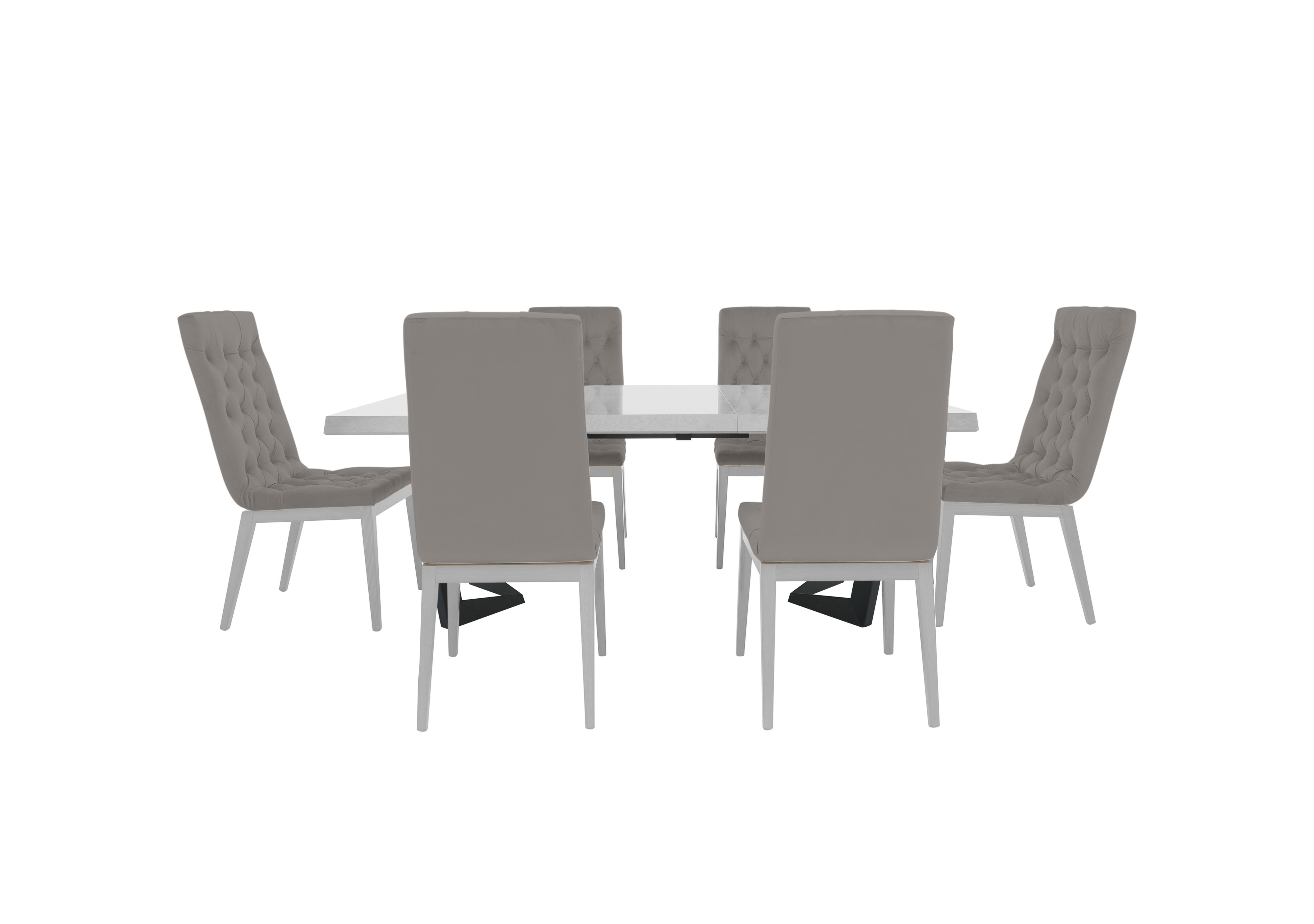 Palazzo 160cm Extending Dining Table in Glossy White with 6 Capitonne Buttoned Dining Chairs in 374 Scarlet 05 Silver on Furniture Village