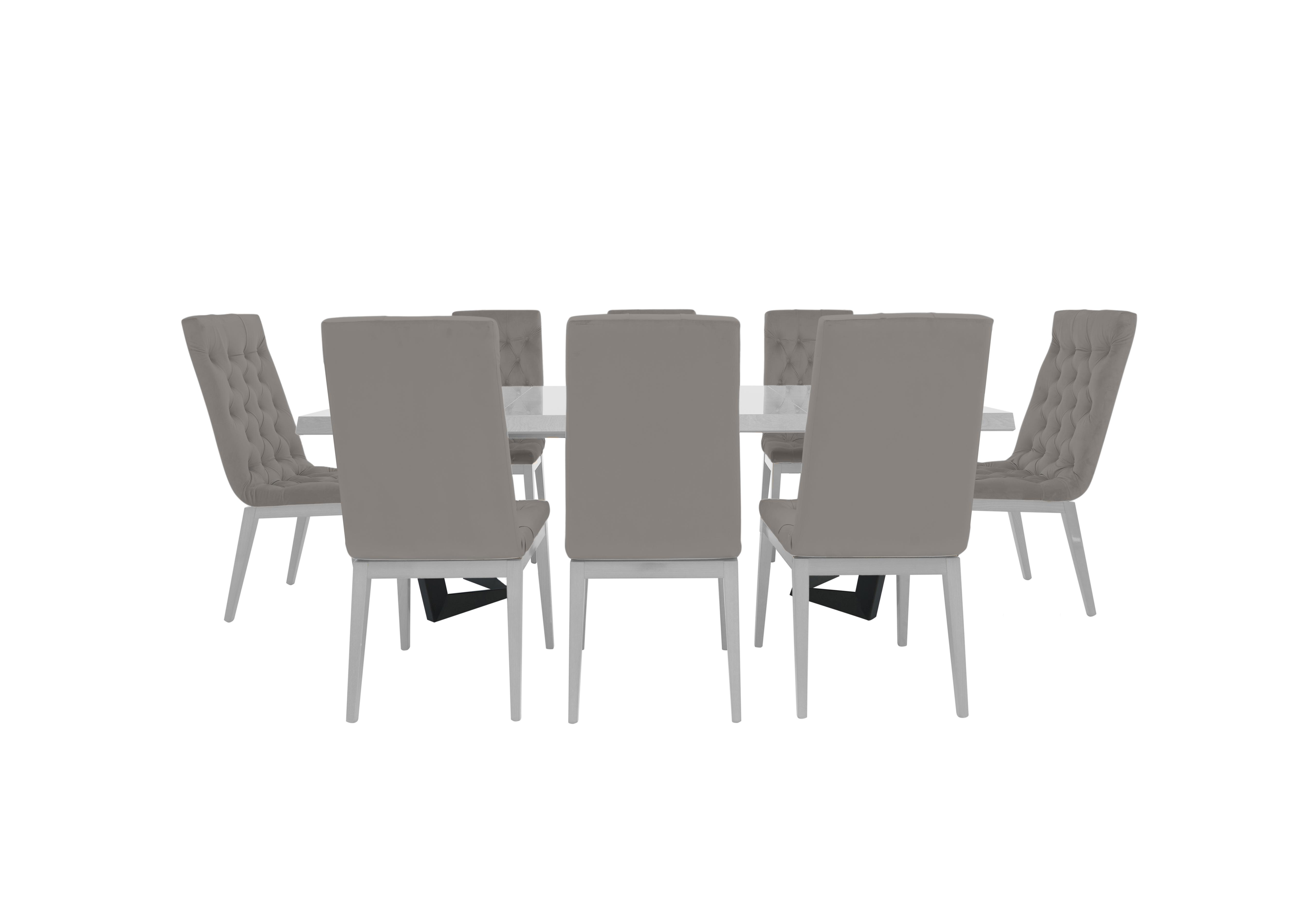 Palazzo 160cm Extending Dining Table in Glossy White with 8 Capitonne Buttoned Dining Chairs in 374 Scarlet 05 Silver on Furniture Village