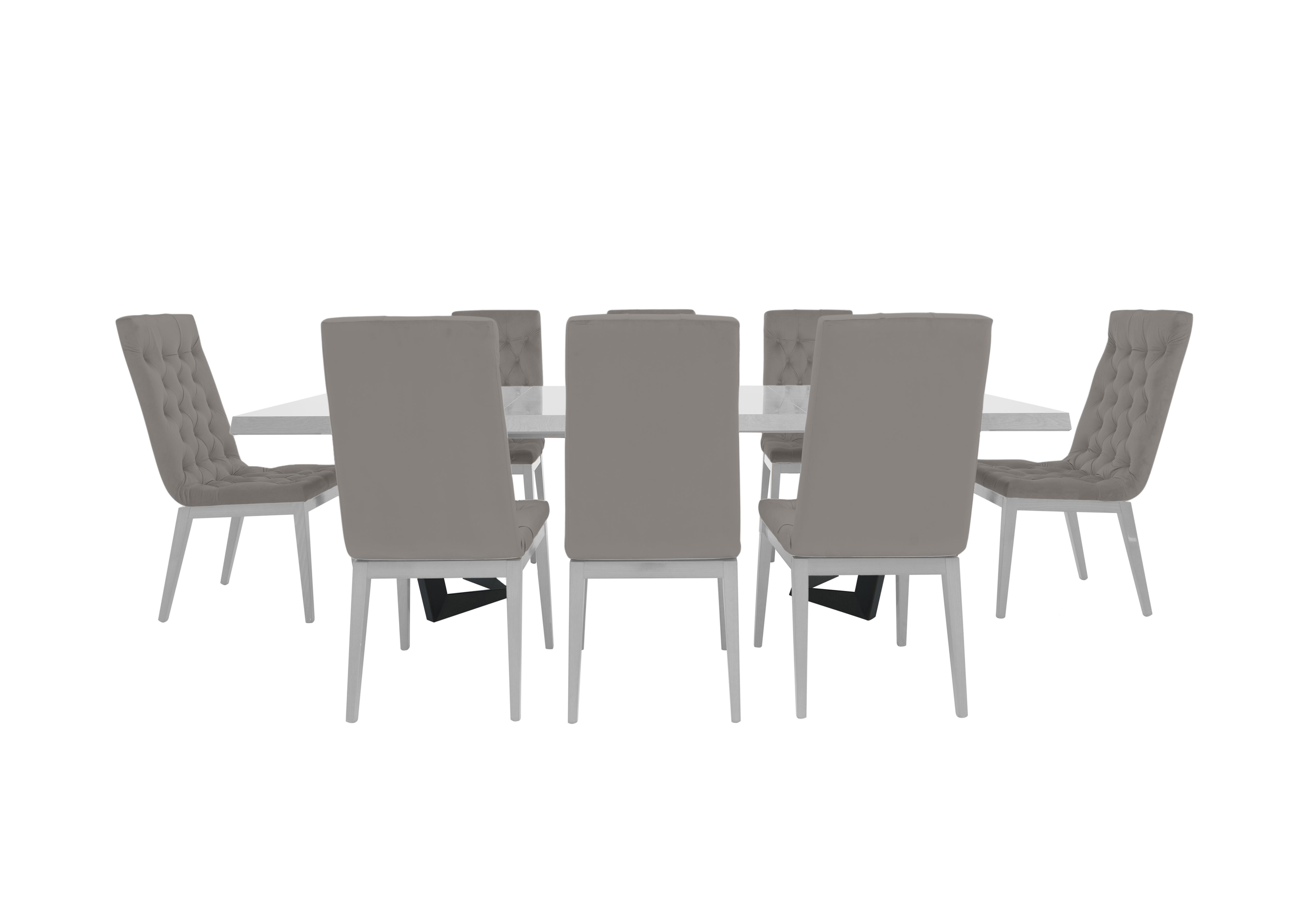 Palazzo 200cm Extending Dining Table in Glossy White with 8 Capitonne Buttoned Dining Chairs in 374 Scarlet 05 Silver on Furniture Village