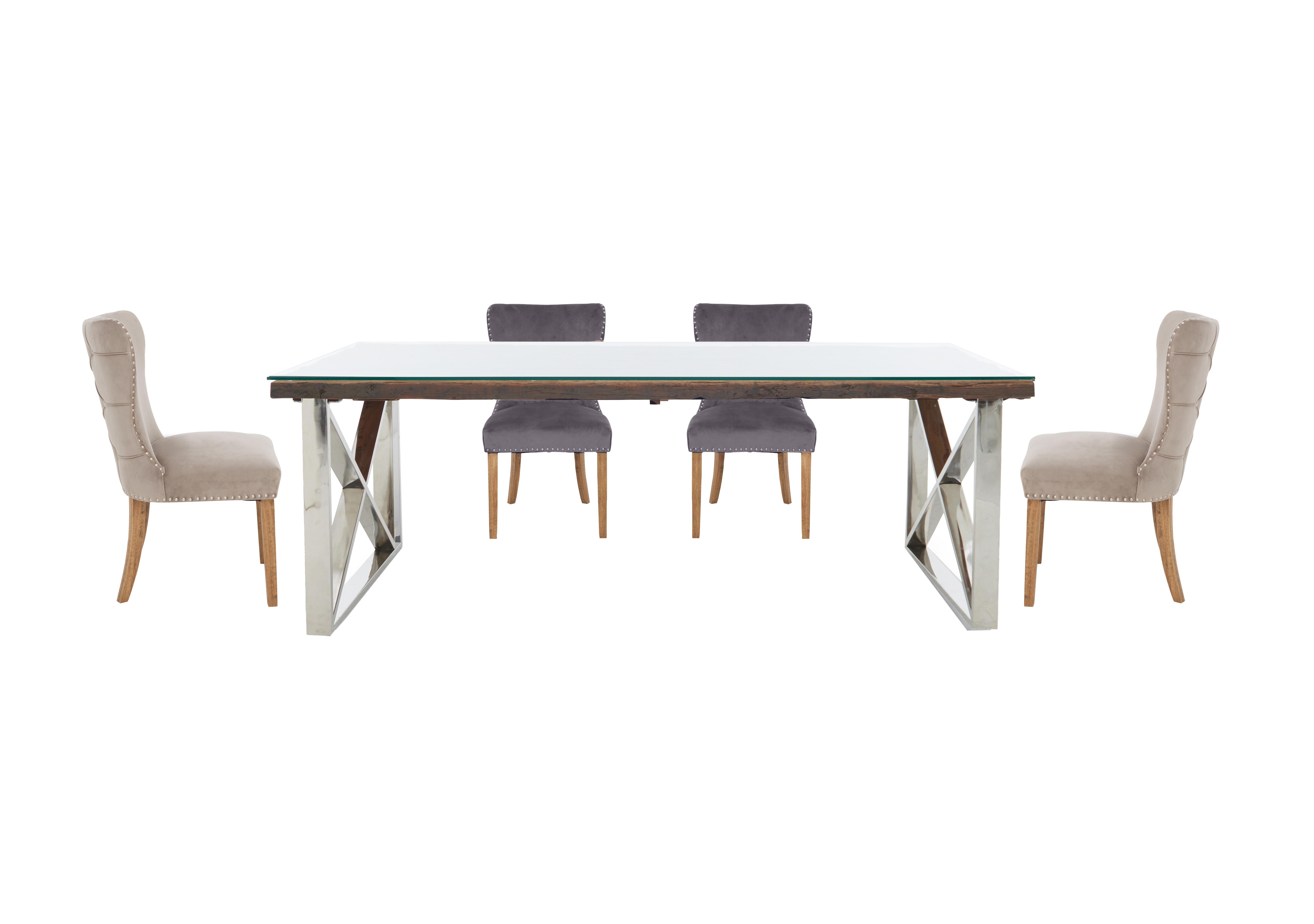 Chennai Dining Table with X-Leg Base and 4 Luxe Dining Chairs in Grey / Taupe on Furniture Village
