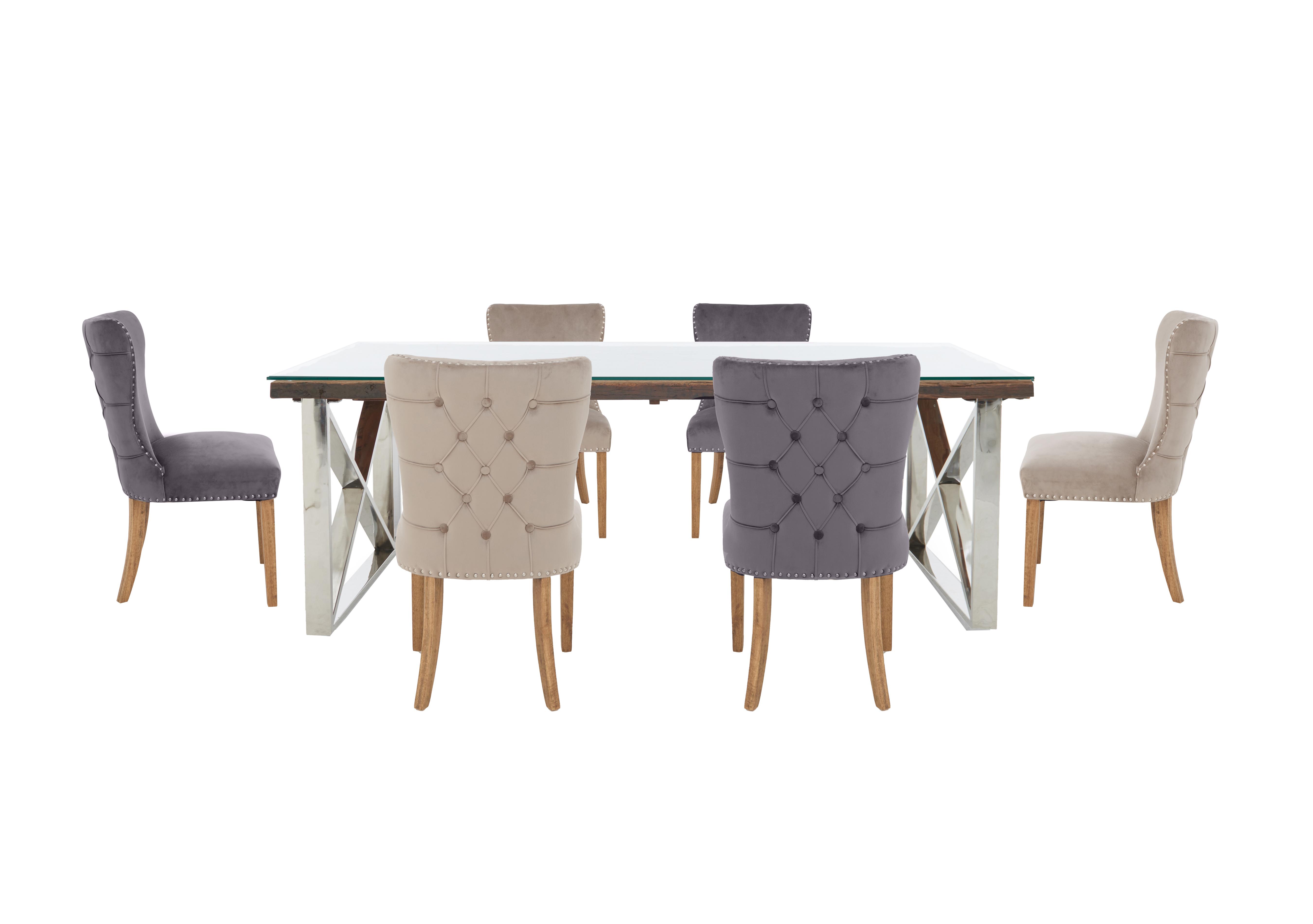 Chennai Dining Table with X-Leg Base and 6 Luxe Dining Chairs in Grey / Taupe on Furniture Village