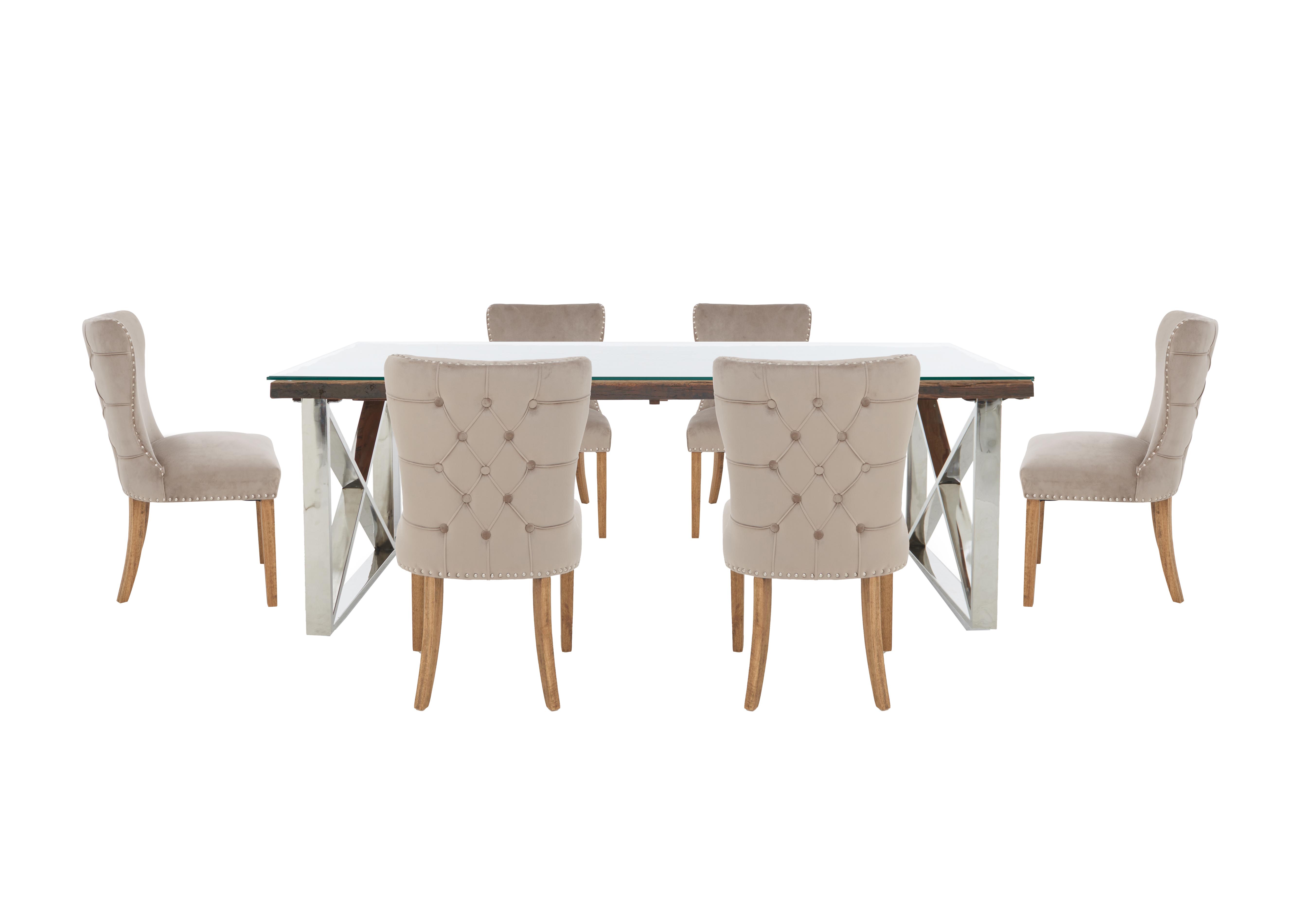 Chennai Dining Table with X-Leg Base and 6 Luxe Dining Chairs in Taupe on Furniture Village