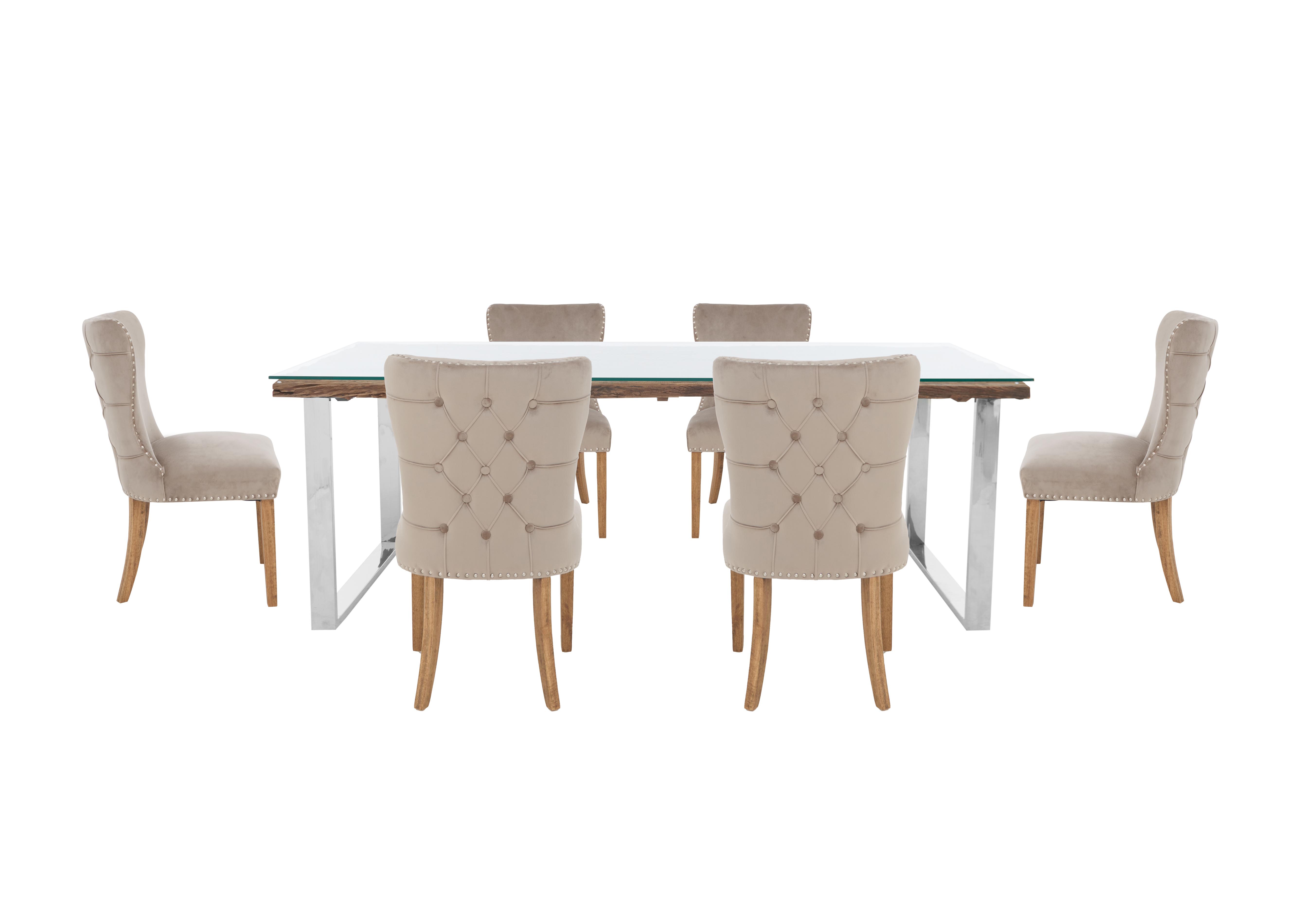 Chennai Dining Table with U-Leg Base and 6 Luxe Dining Chairs in Taupe on Furniture Village