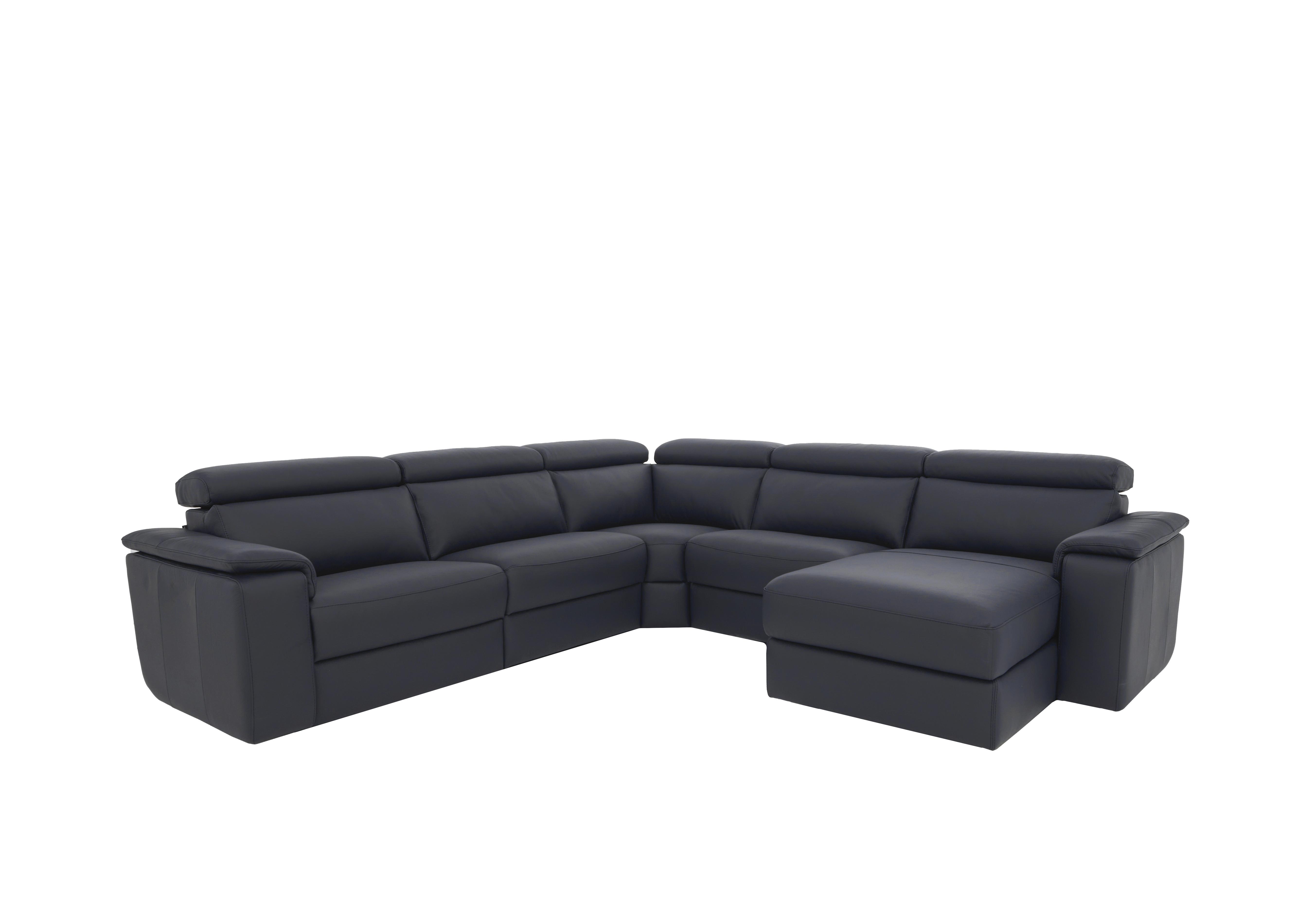 Davide Large Leather Corner Sofa with Chaise End in 81 Torello Blu on Furniture Village