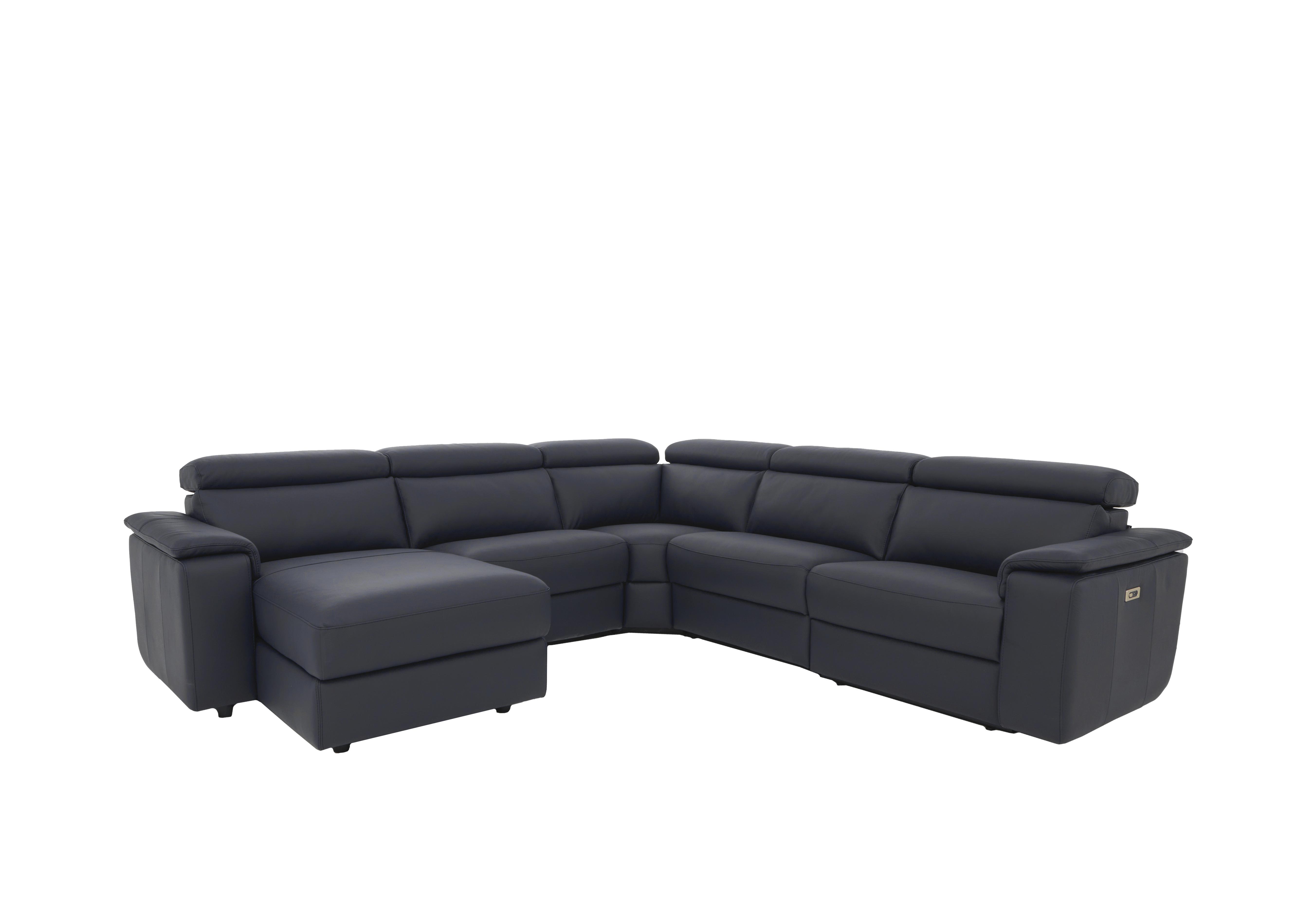 Davide Large Leather Corner Sofa with Chaise End in 81 Torello Blu on Furniture Village