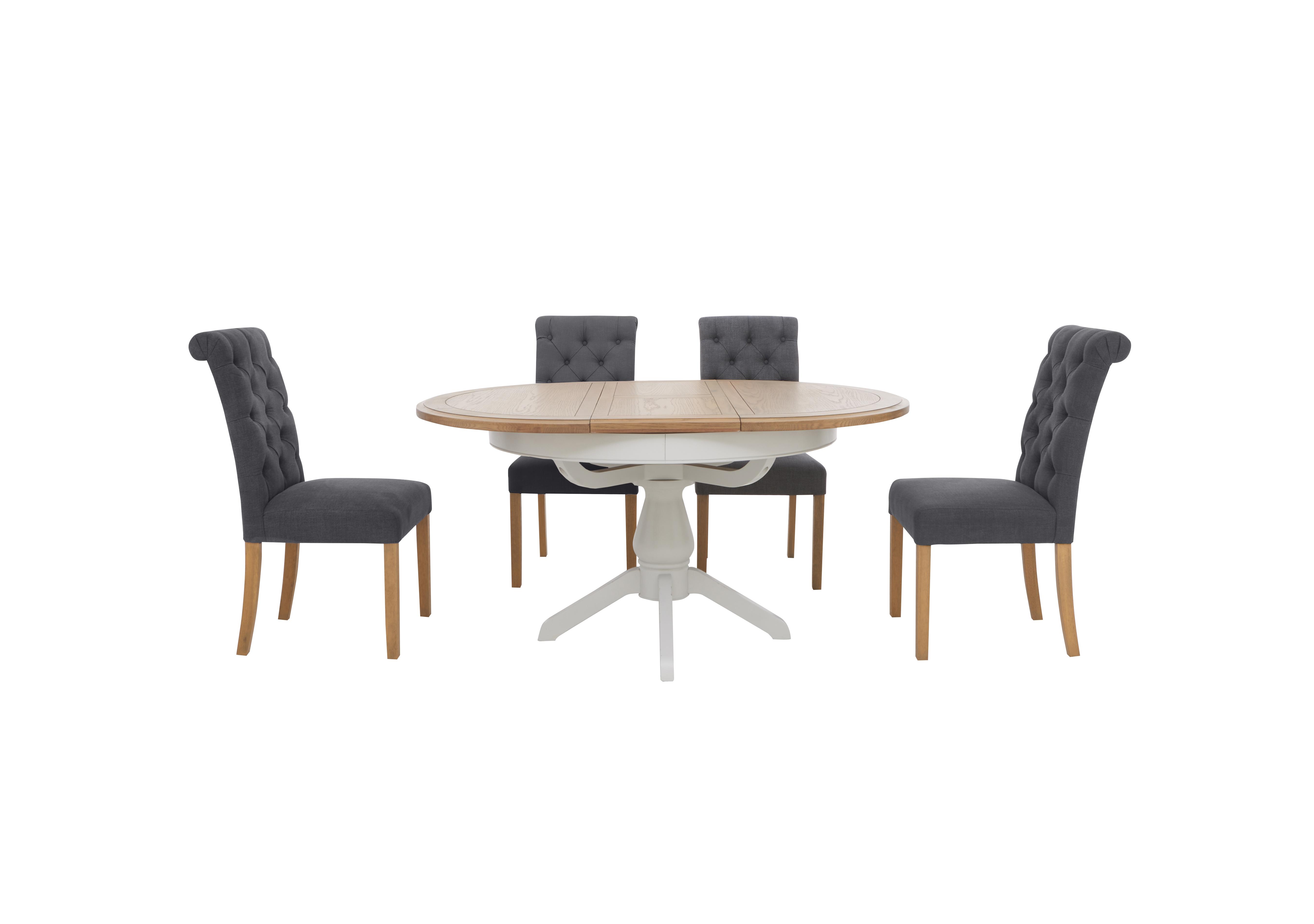 Hamilton Round Extending Dining Table and 4 Button Back Dining Chairs in Charcoal on Furniture Village