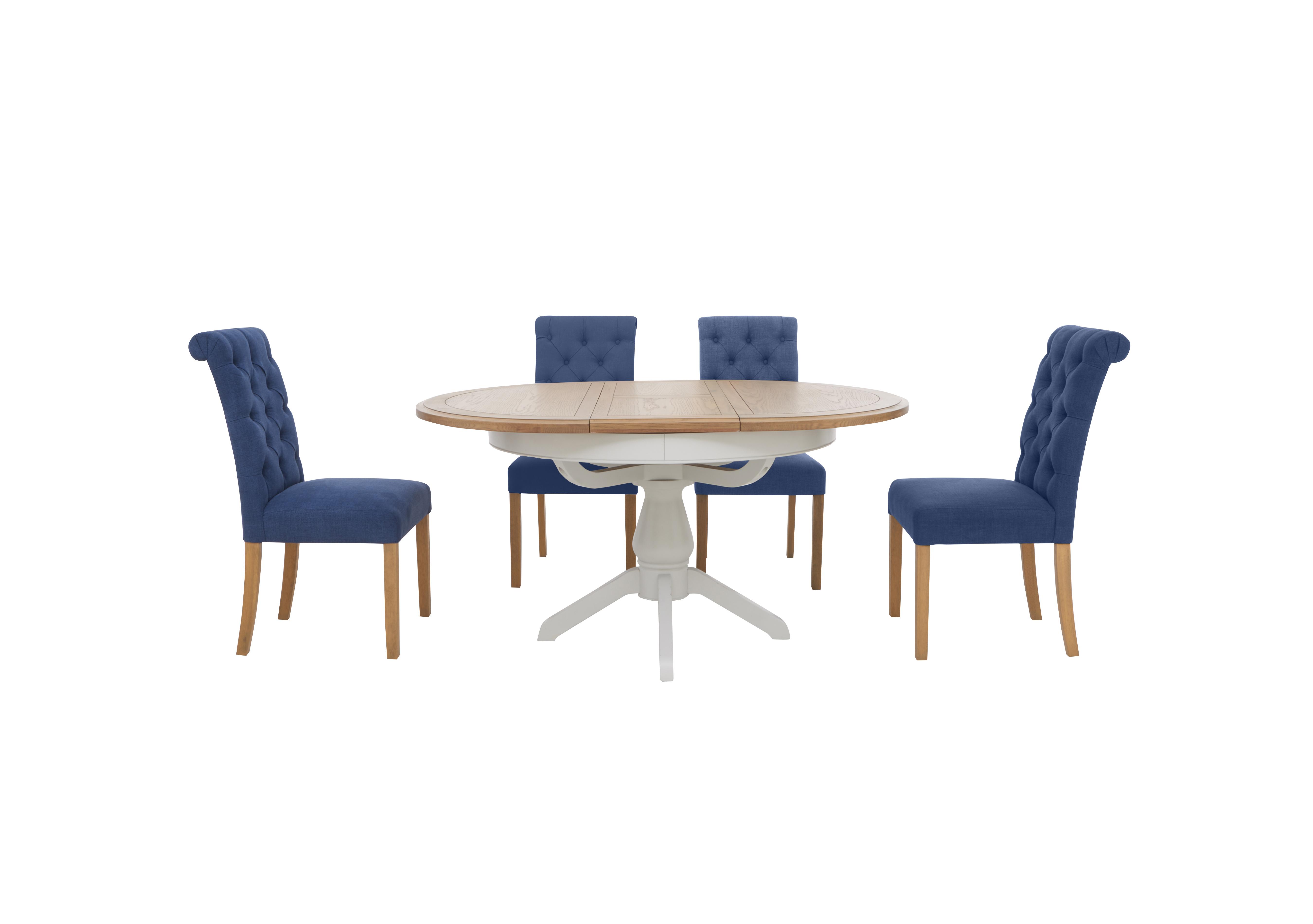 Hamilton Round Extending Dining Table and 4 Button Back Dining Chairs in Denim on Furniture Village