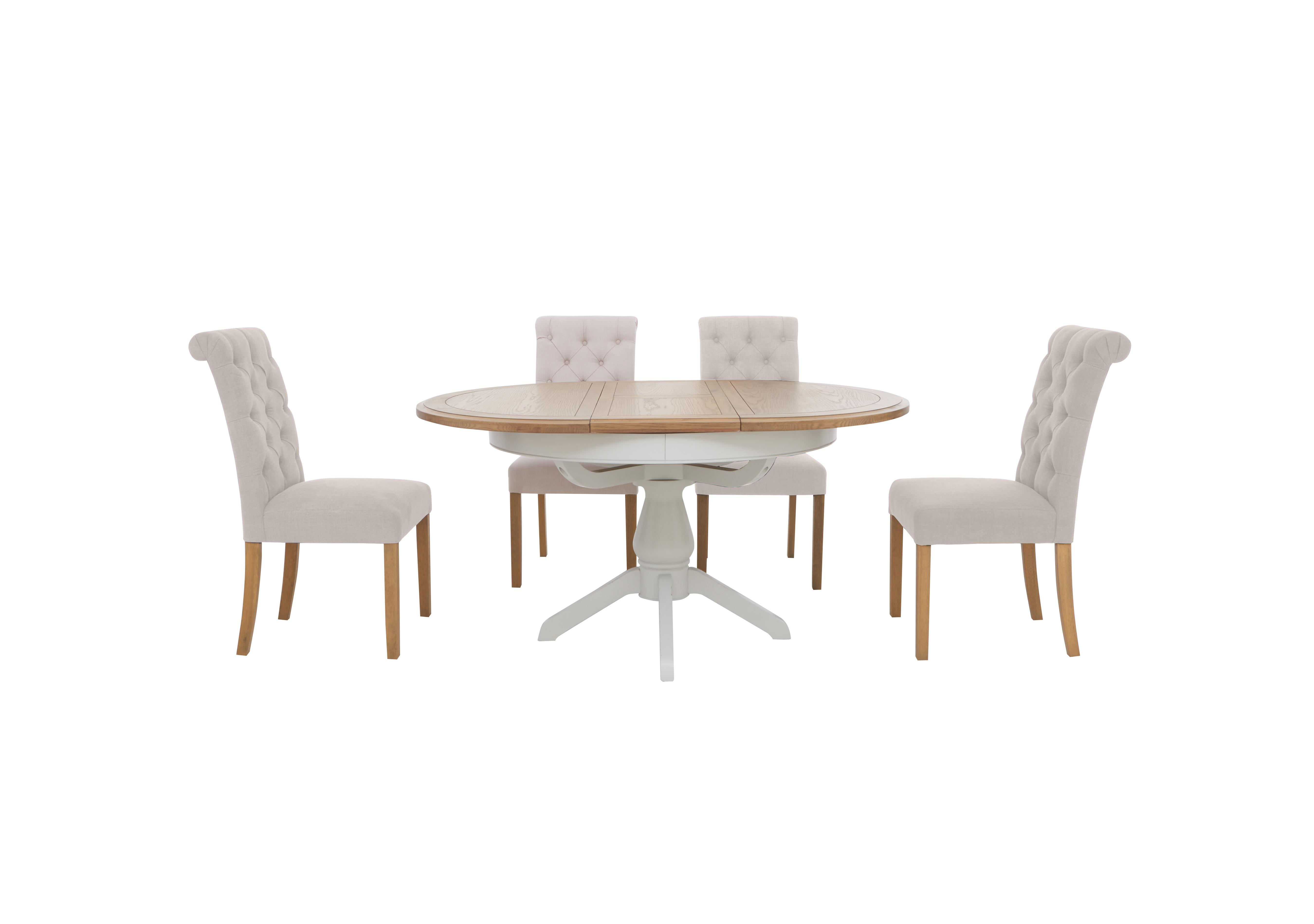 Hamilton Round Extending Dining Table and 4 Button Back Dining Chairs in Taupe on Furniture Village