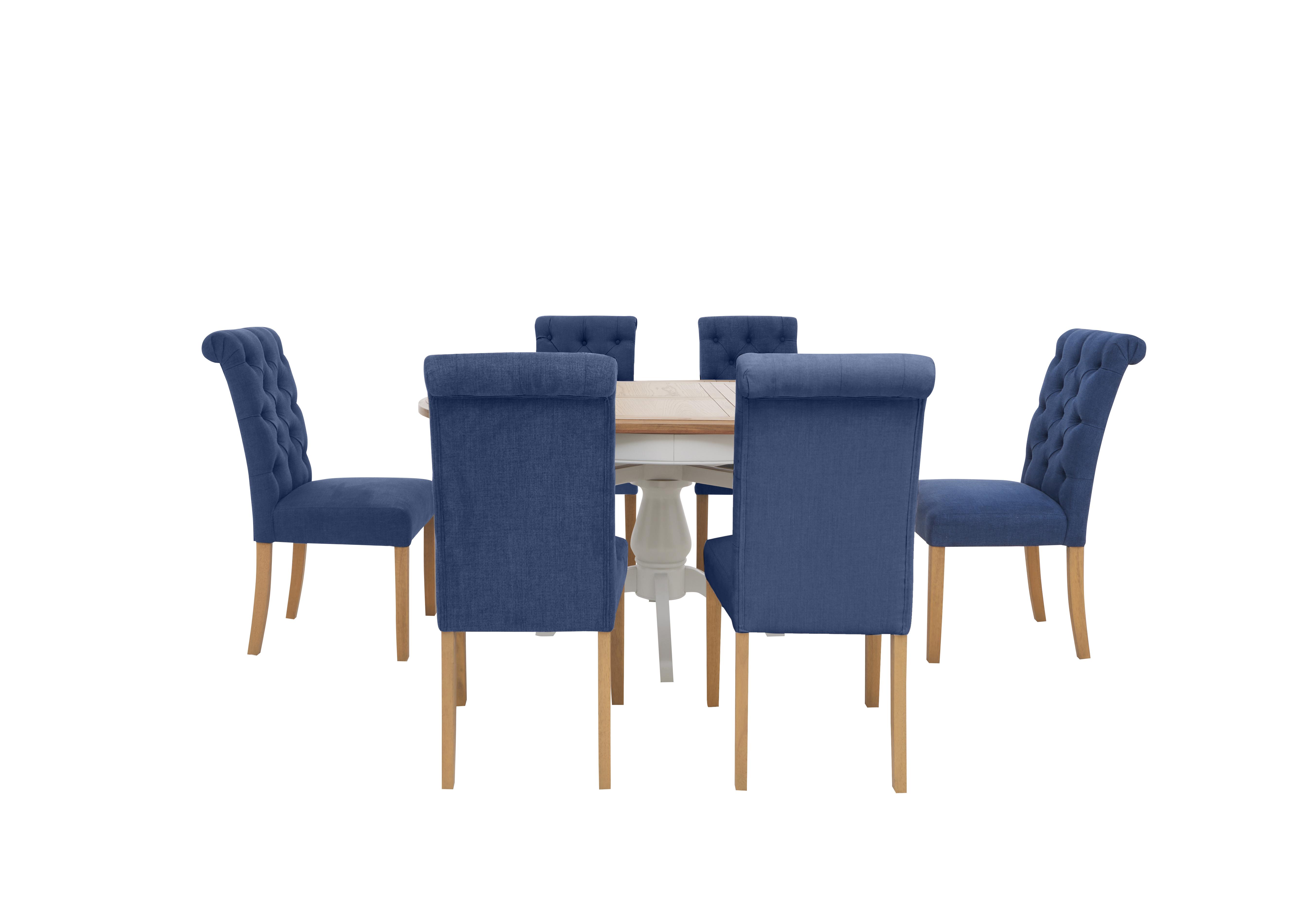 Hamilton Round Extending Dining Table and 6 Button Back Dining Chairs in Denim on Furniture Village