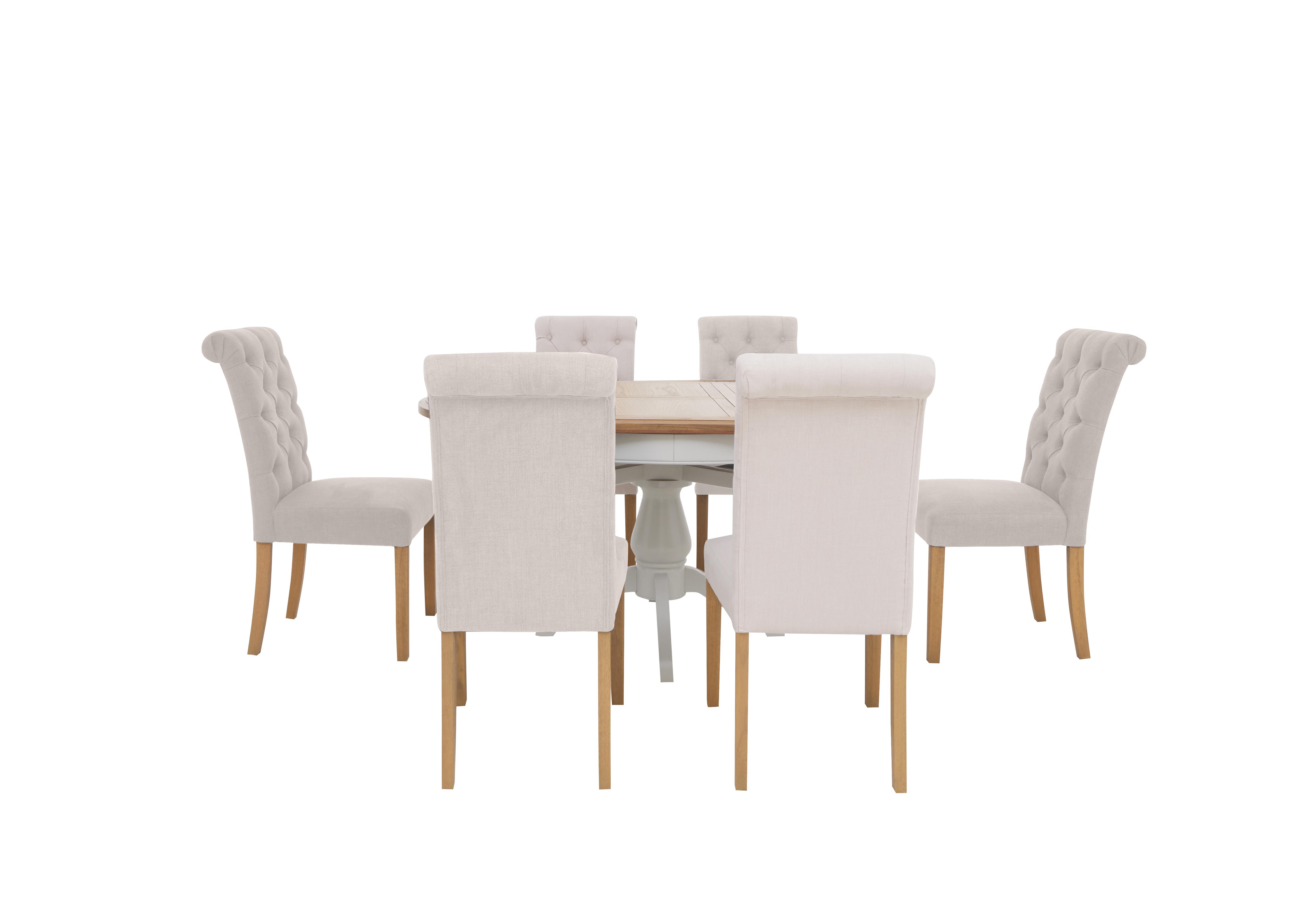 Hamilton Round Extending Dining Table and 6 Button Back Dining Chairs in Taupe on Furniture Village