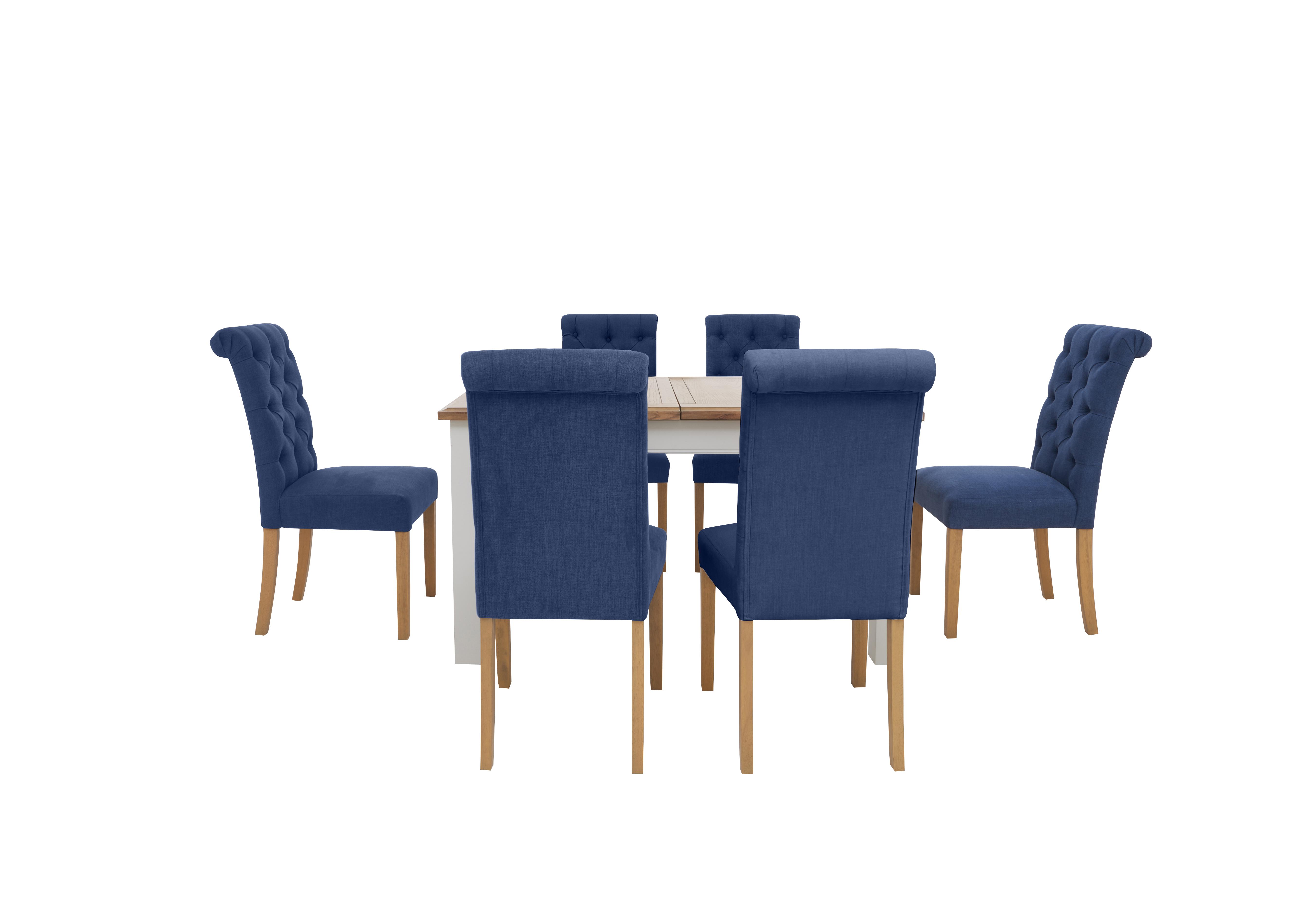 Hamilton Rectangular Extending Dining Table and 6 Button Back Dining Chairs in Denim on Furniture Village