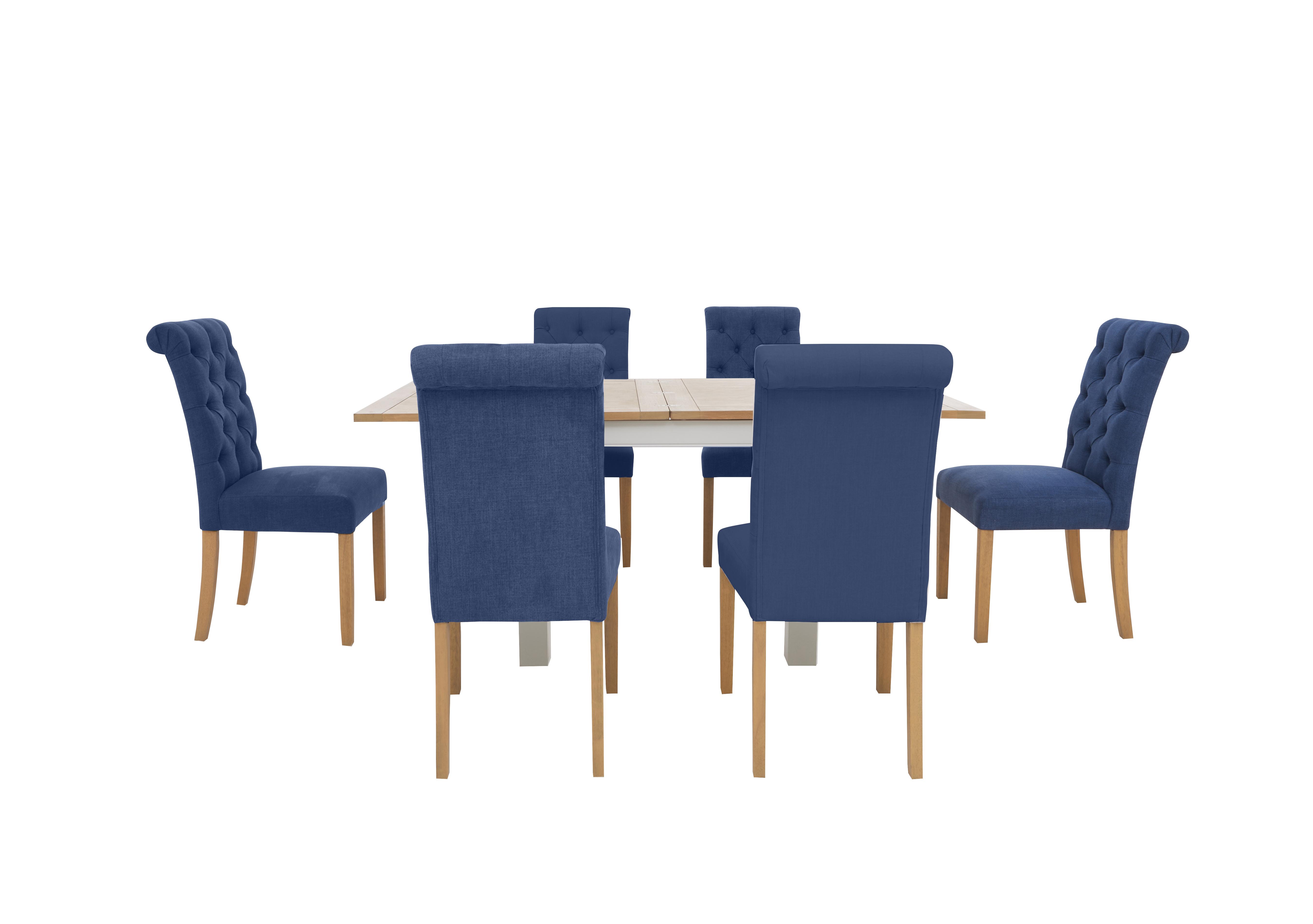 Hamilton Flip Top Dining Table and 6 Button Back Dining Chairs in Denim on Furniture Village