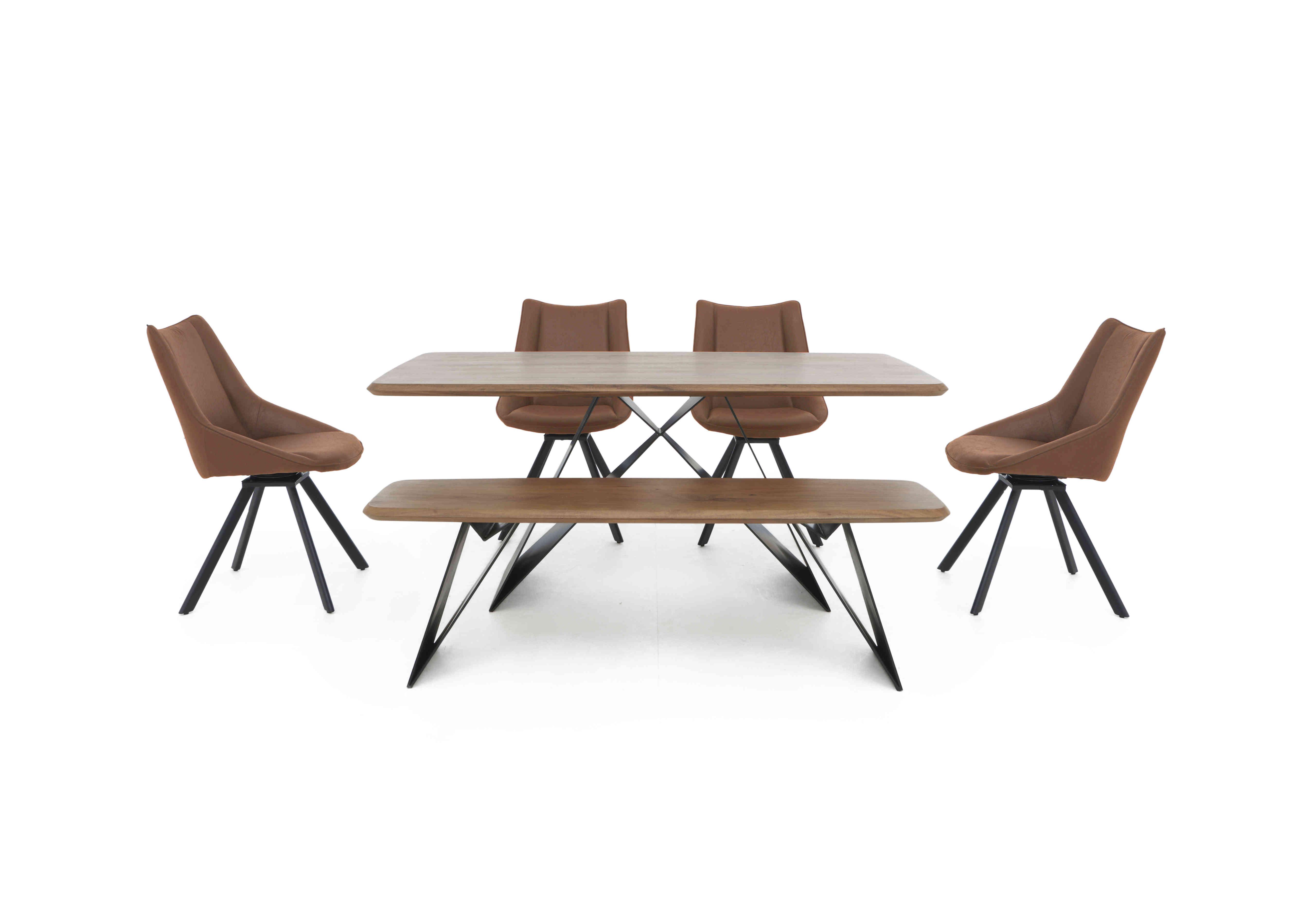 Lucio 170cm Dining Table with 150cm Dining Bench and 4 Faux Leather Swivel Dining Chairs in Brown on Furniture Village