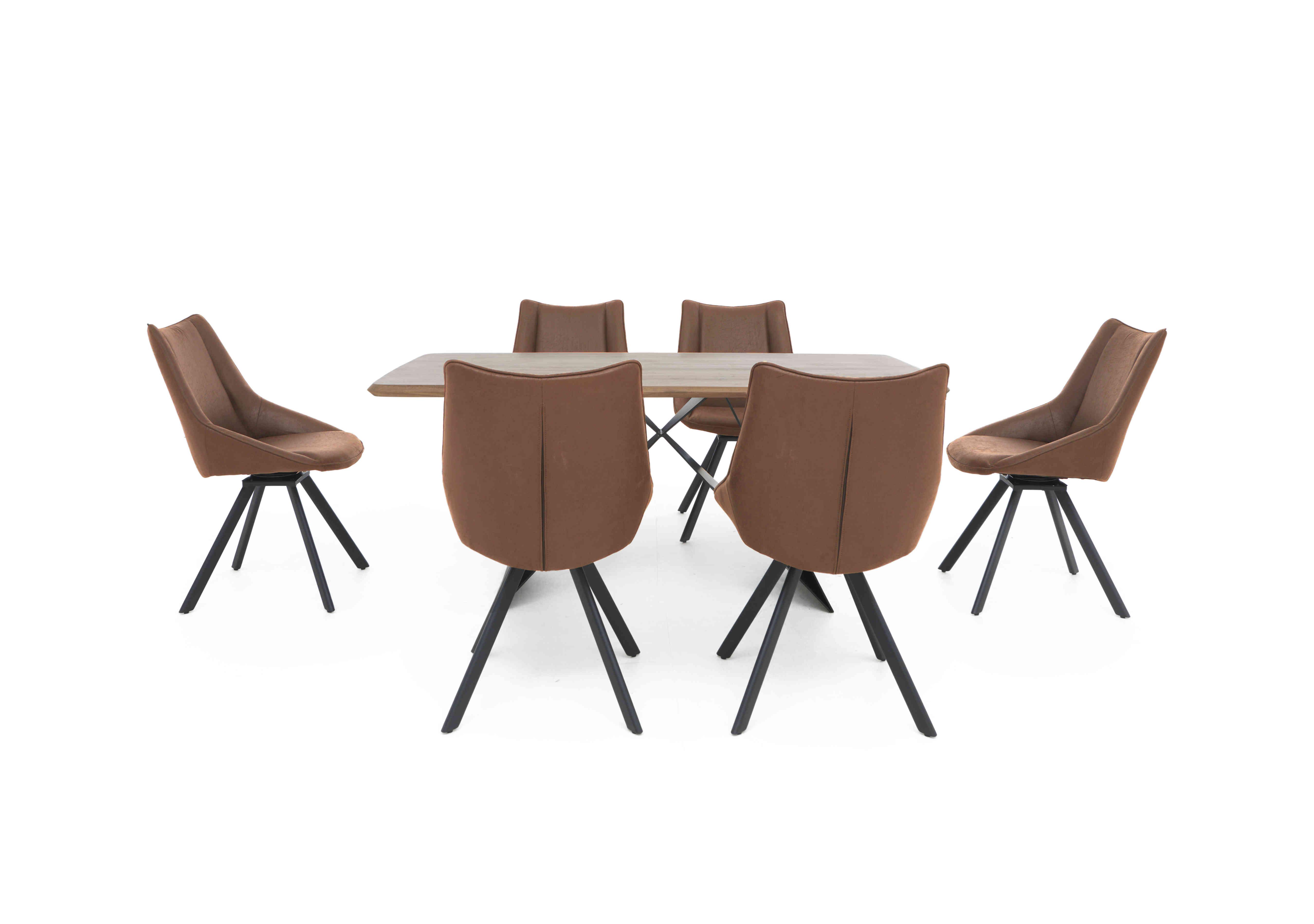 Lucio 170cm Dining Table with 6 Faux Leather Swivel Dining Chairs in Brown on Furniture Village