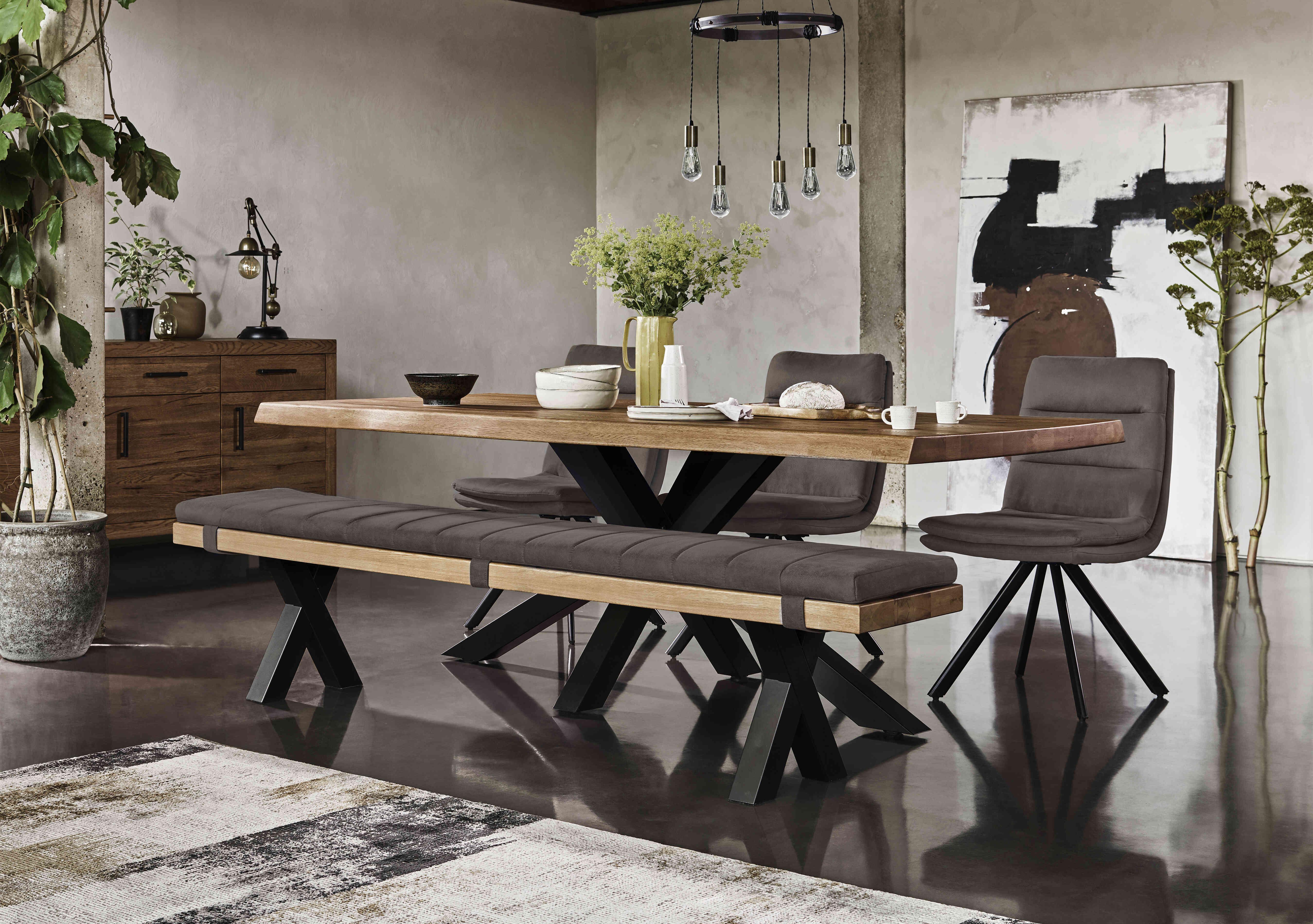 Njord Raw Edge Dining Table with Metal Star Base, Dining Bench and 3 Dining Chairs in  on Furniture Village