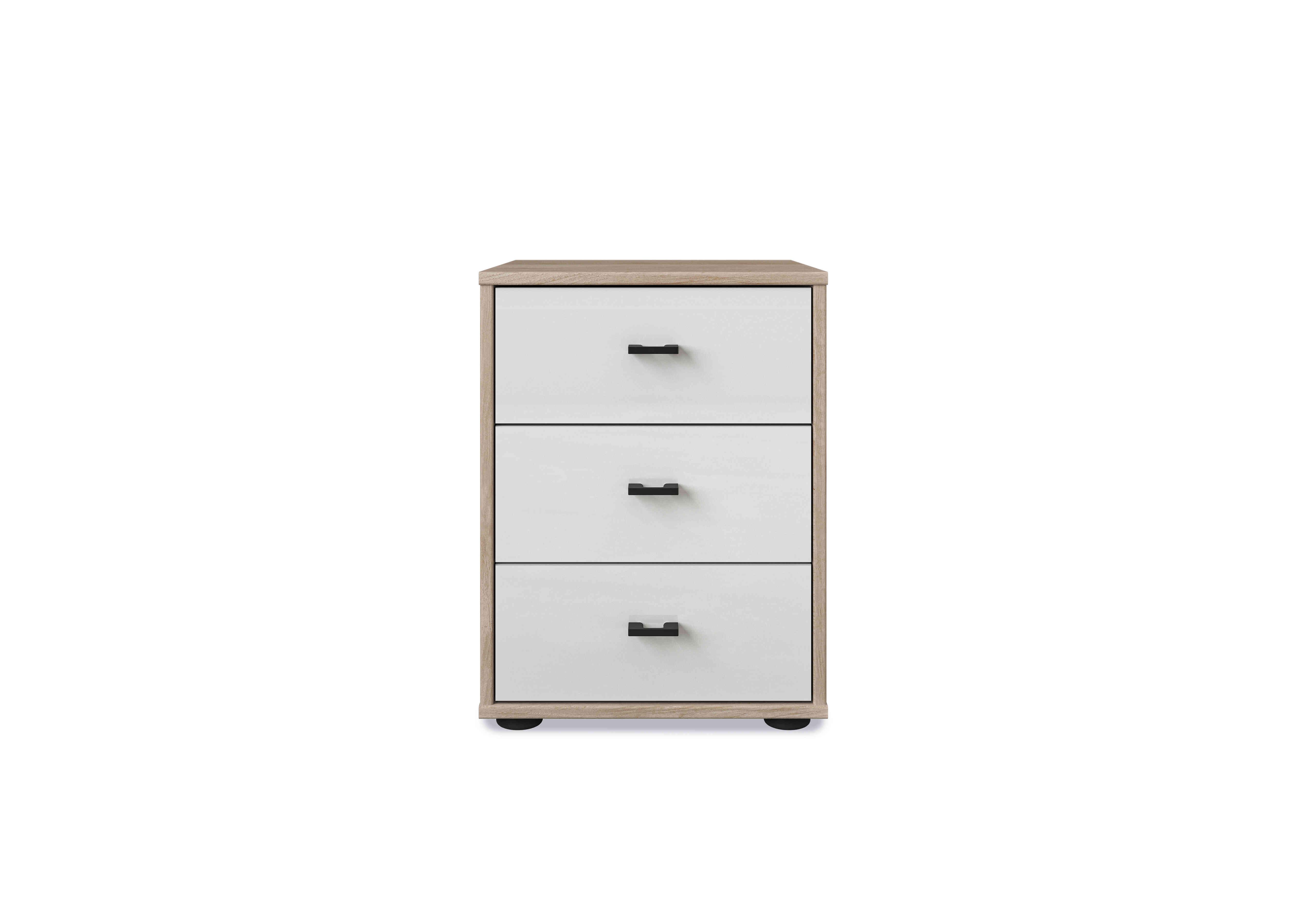 Dallas 40cm 3 Drawer Glass Bedside Cabinet in Holm Oak And White on Furniture Village