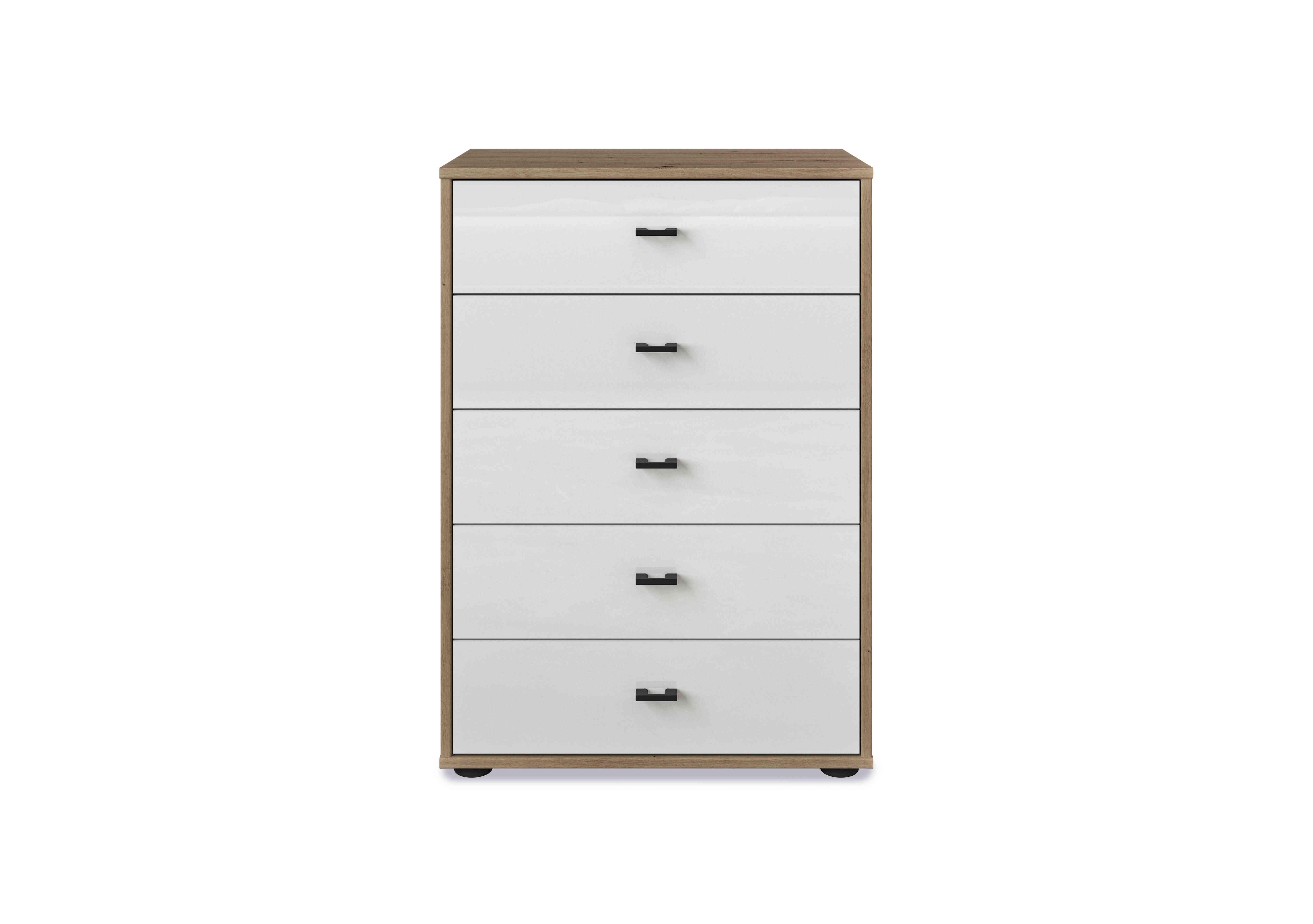 Dallas 60cm 5 Drawer Glass Chest in Bianco Oak And White on Furniture Village