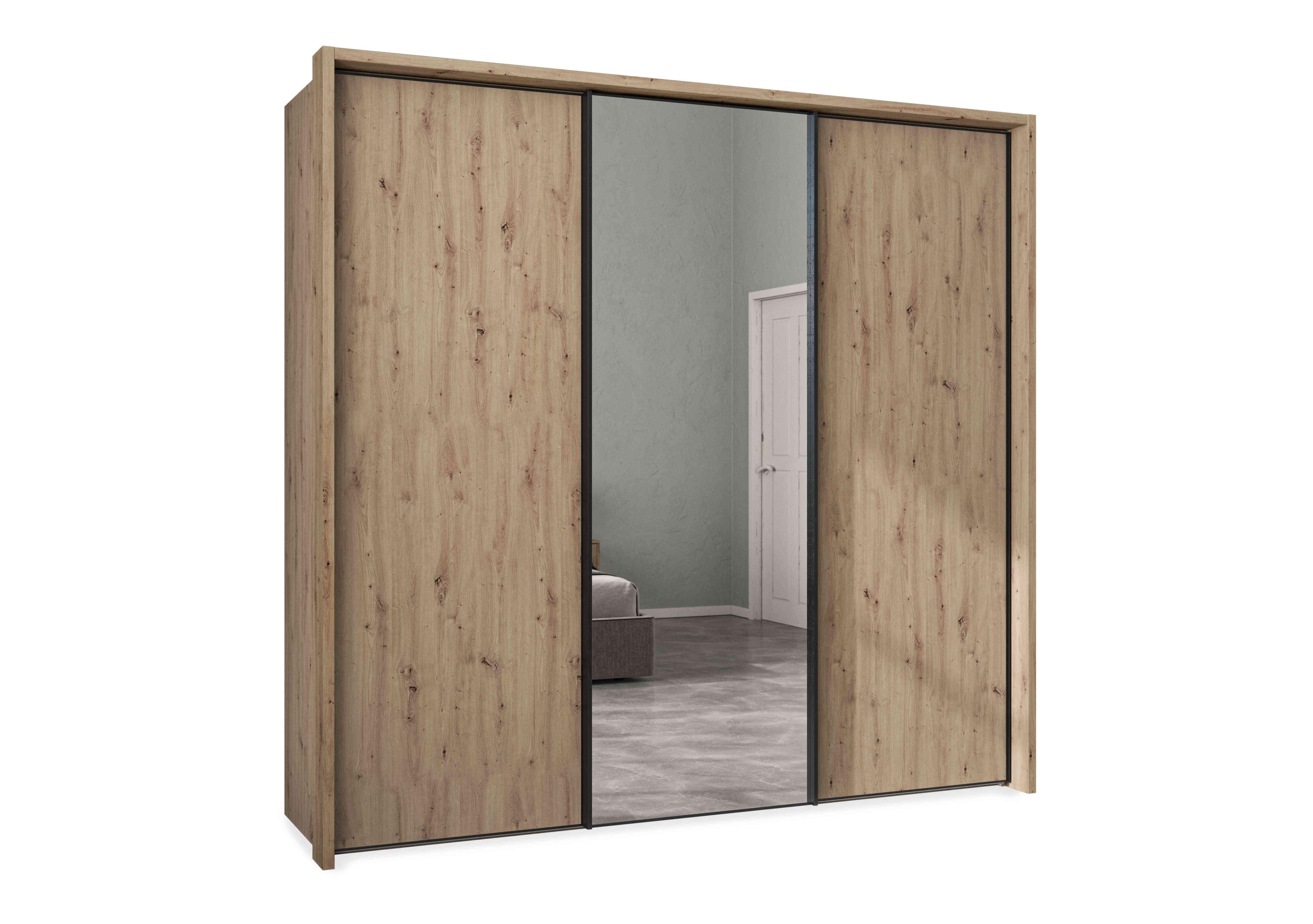Dallas 235cm 3 Door Sliding Wardrobe with Centre Mirror Door in Bianco Oak on Furniture Village