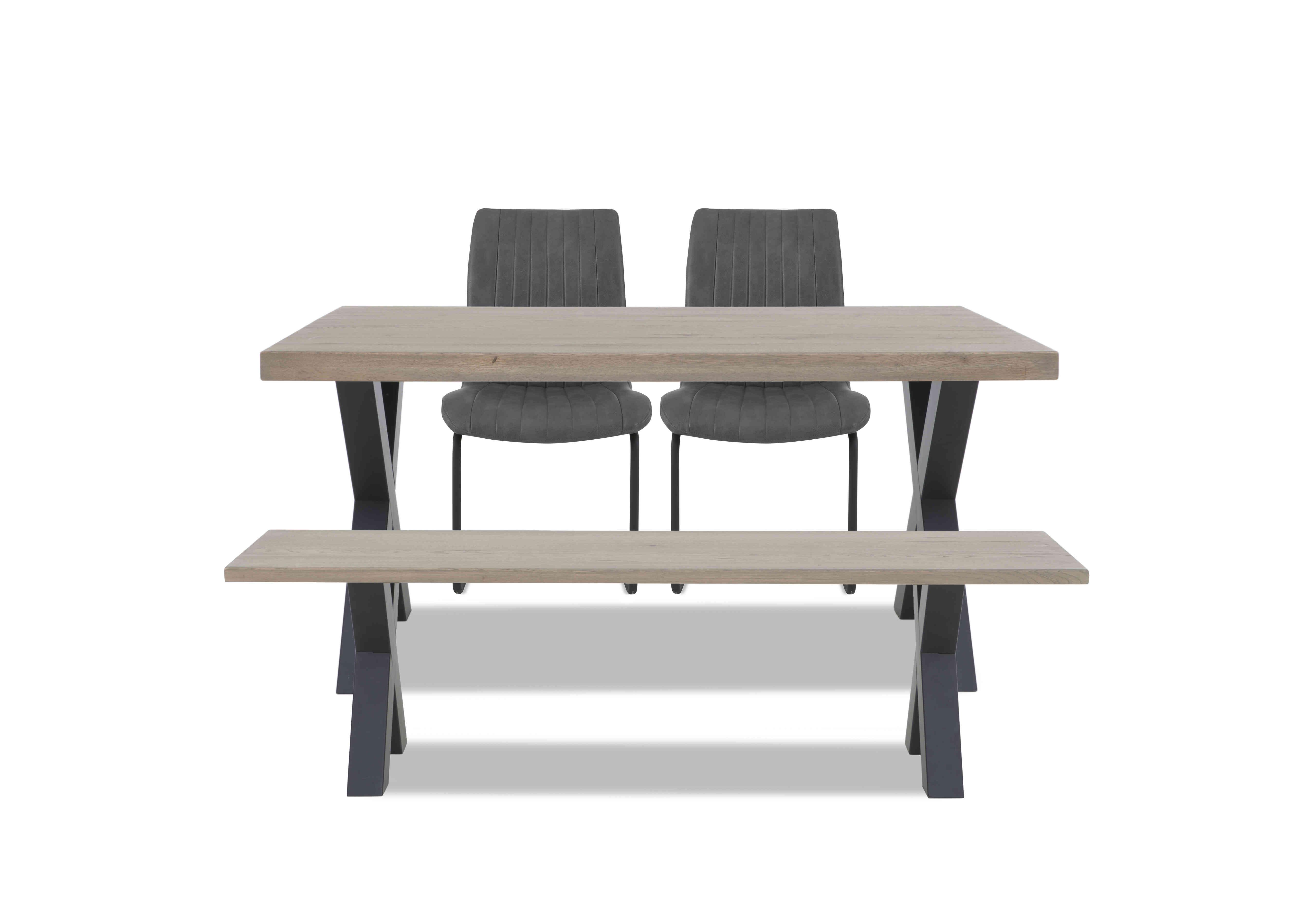 Compact Terra Straight Edge Dining Table with X-Shaped Legs and 160cm Dining Bench and 2 Grey Dining Chairs in 08 Vintage Grey on Furniture Village