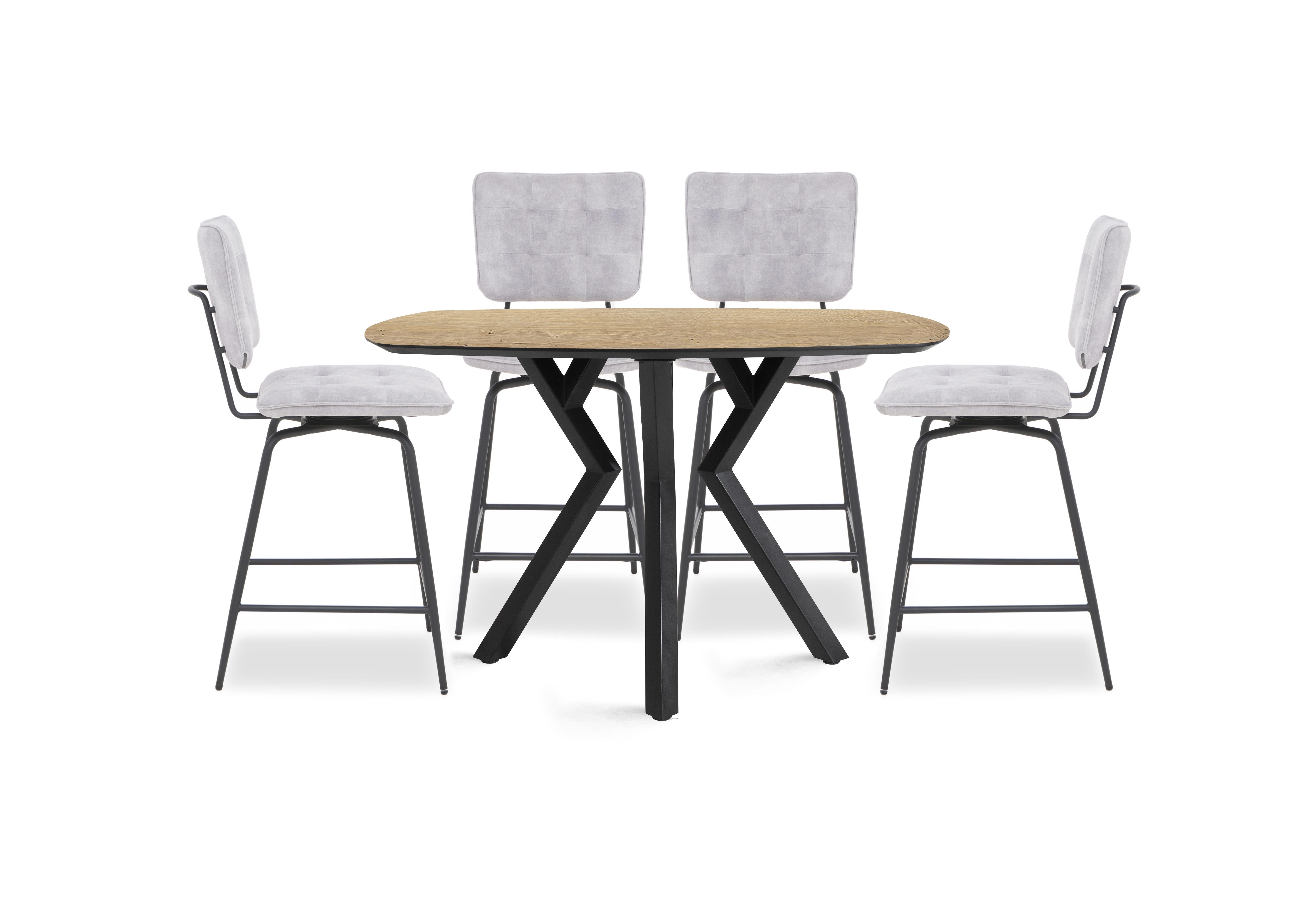 Toronto Bar Table and 4 Light Grey Velvet Swivel Bar Stools in Oak on Furniture Village