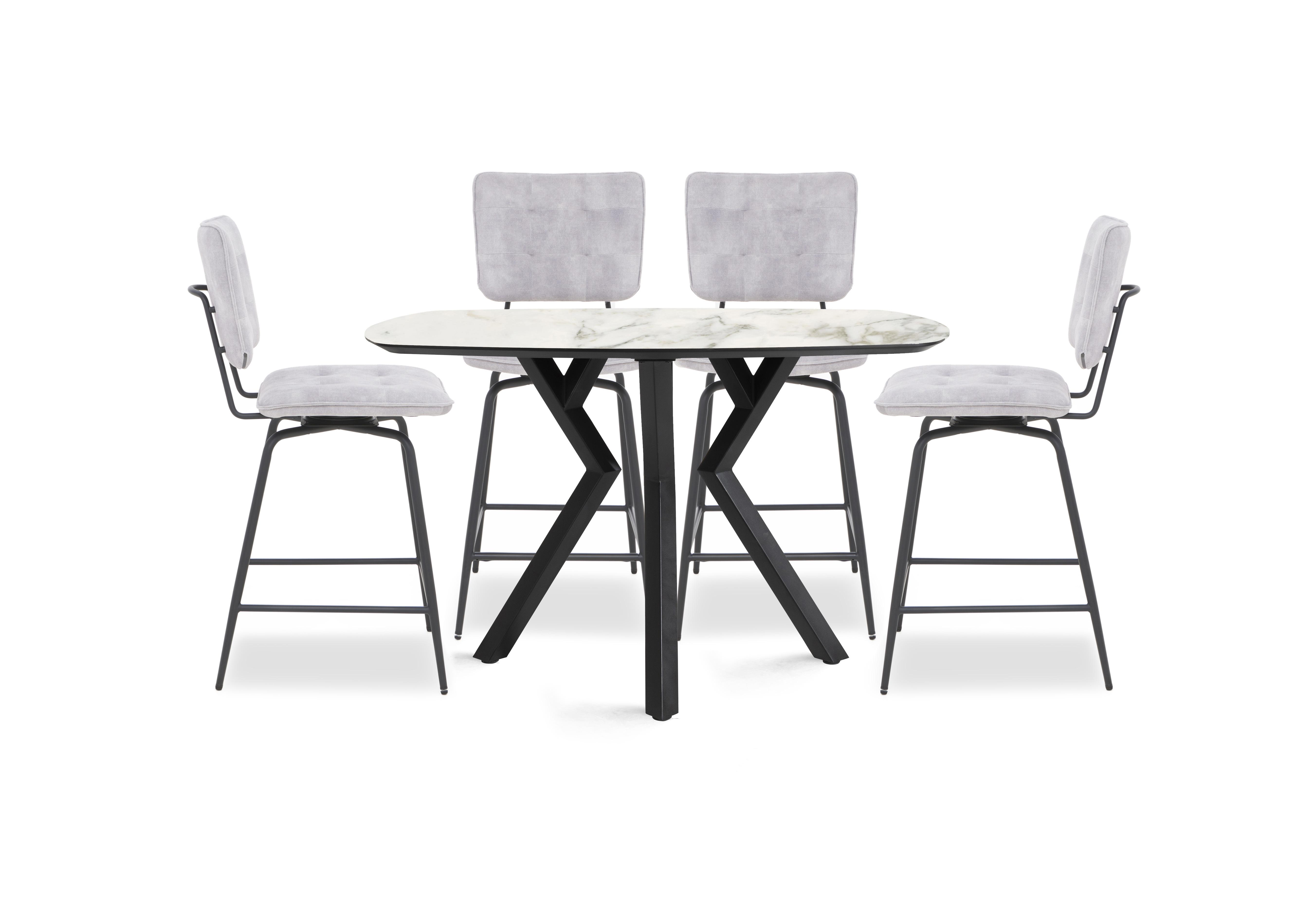 Toronto Bar Table and 4 Light Grey Velvet Swivel Bar Stools in White on Furniture Village