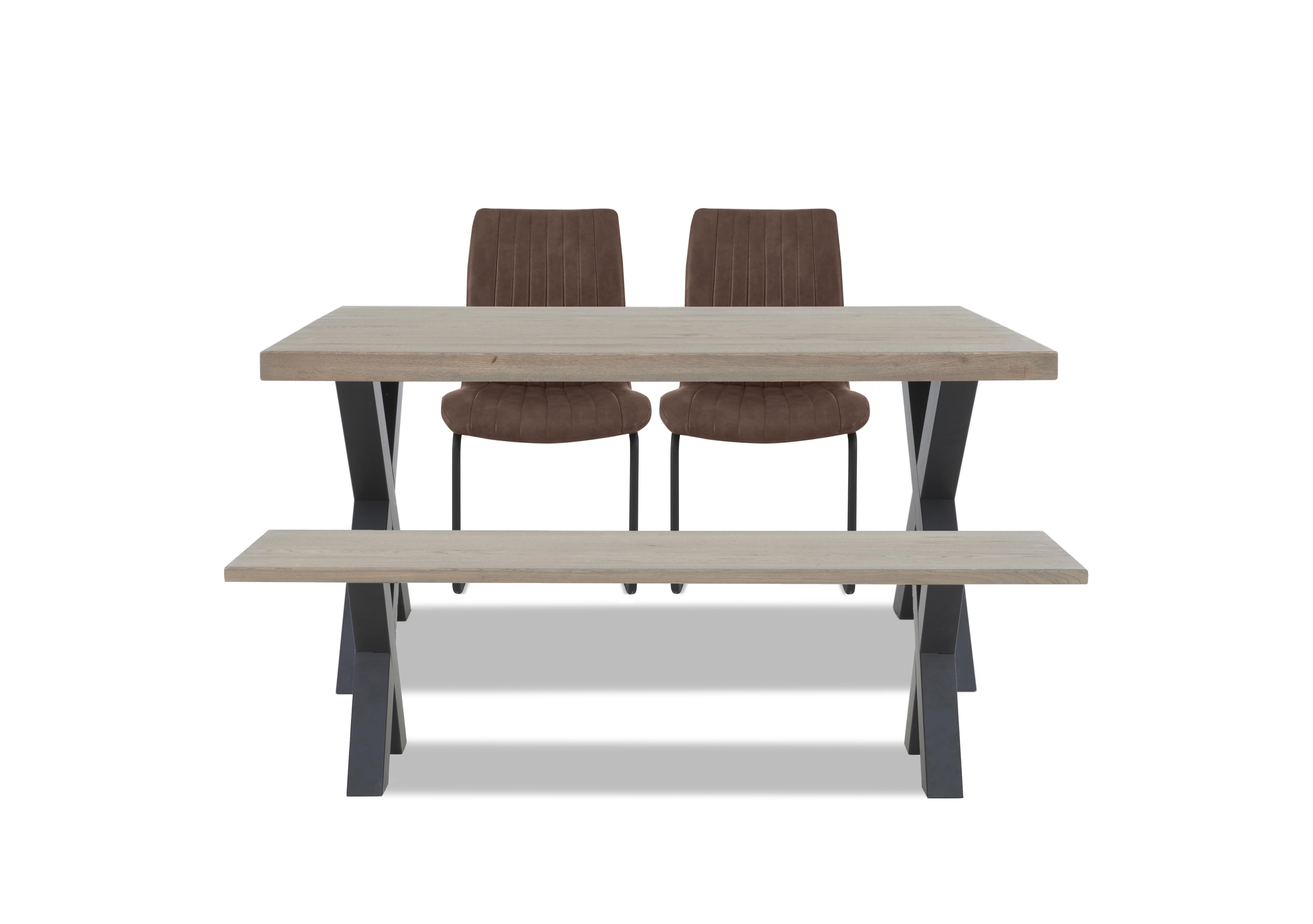 Compact Terra Straight Edge Dining Table with X-Shaped Legs and 160cm Dining Bench and 2 Cognac Dining Chairs in 08 Vintage Grey on Furniture Village