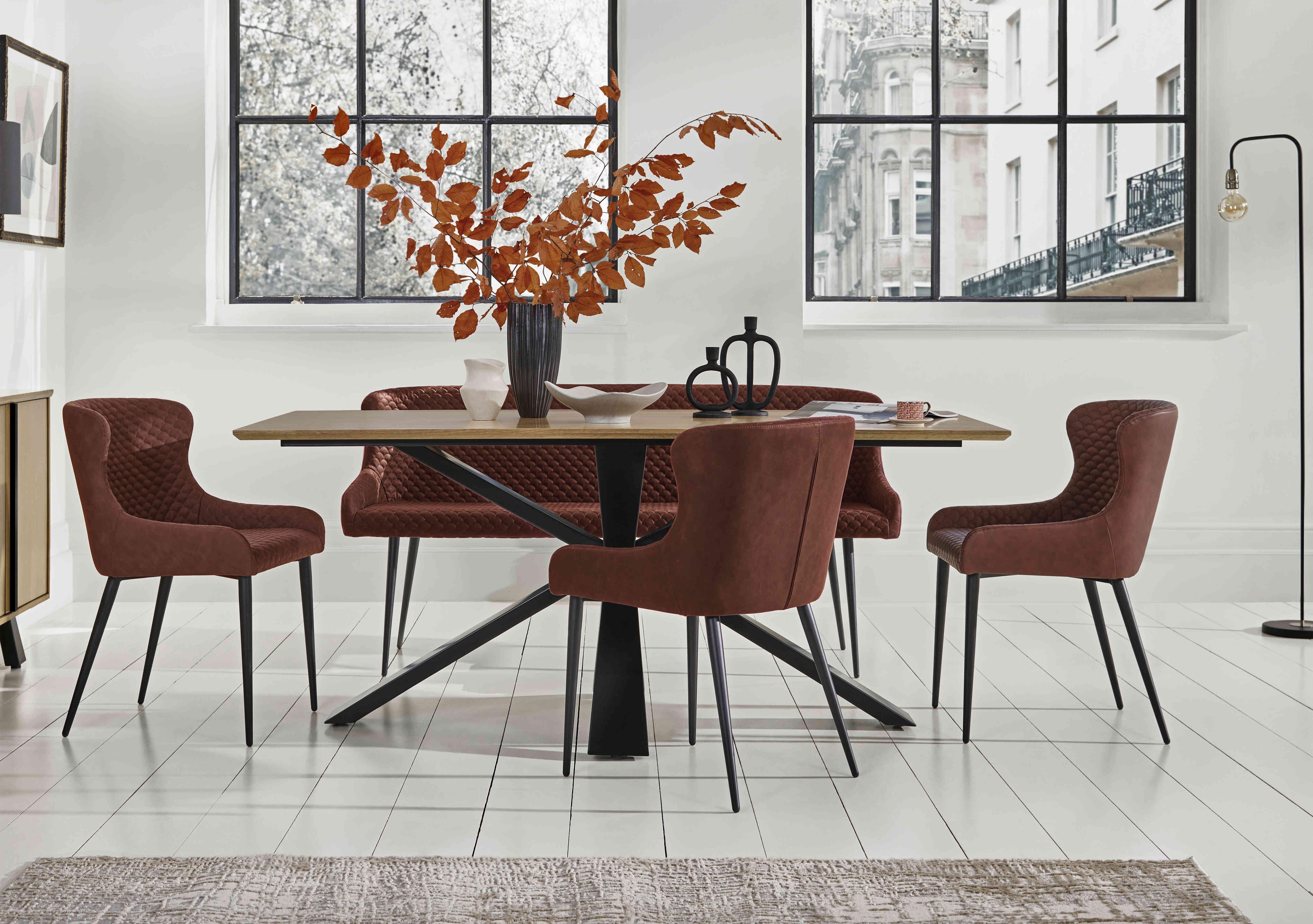 Hanoi Fixed Table with Metal Base and 3 Faux Leather Dining Chairs and a Dining Bench in  on Furniture Village
