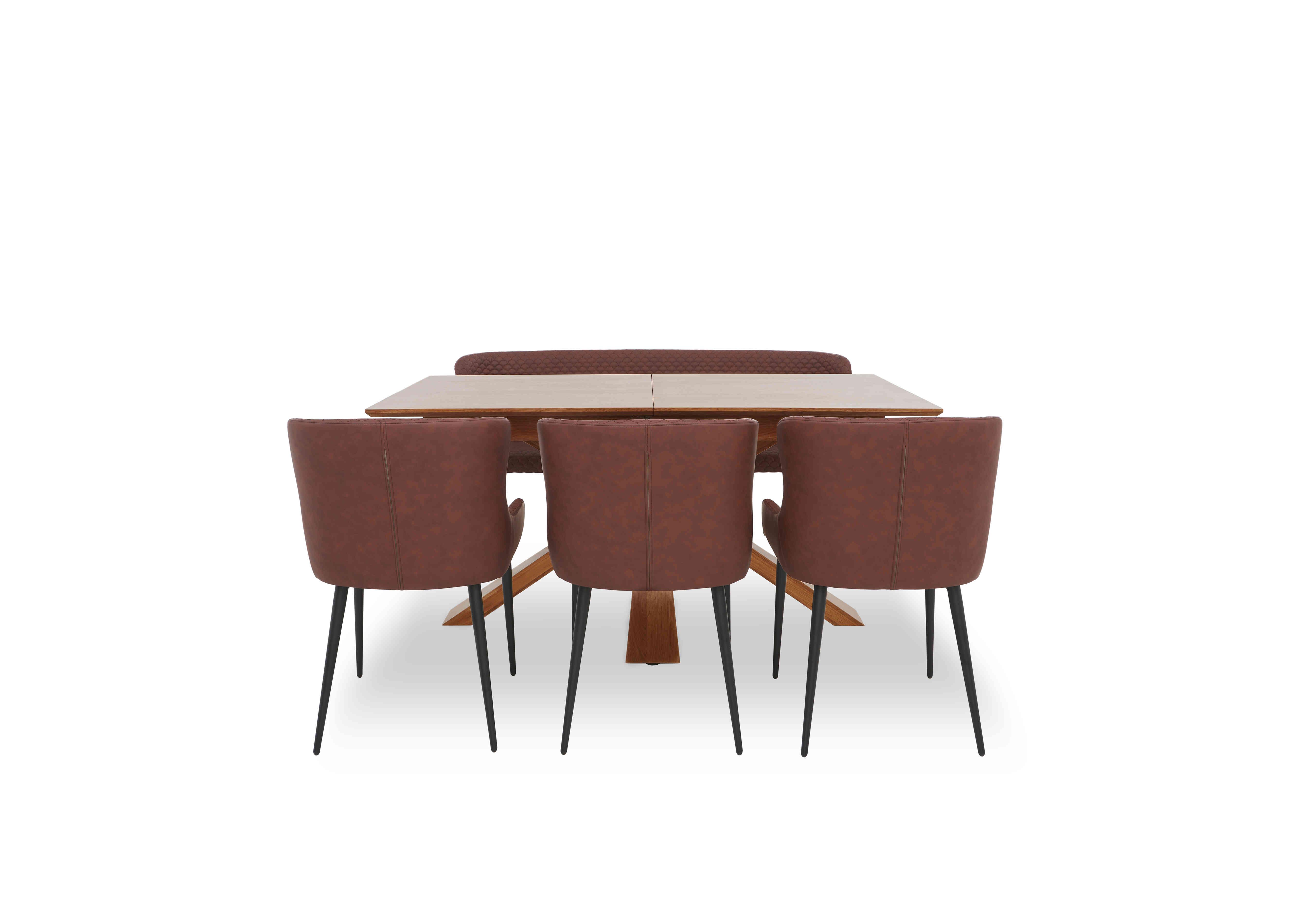 Hanoi Extending Table with Wooden Base and 3 Faux Leather Dining Chairs and a Dining Bench in Tan on Furniture Village