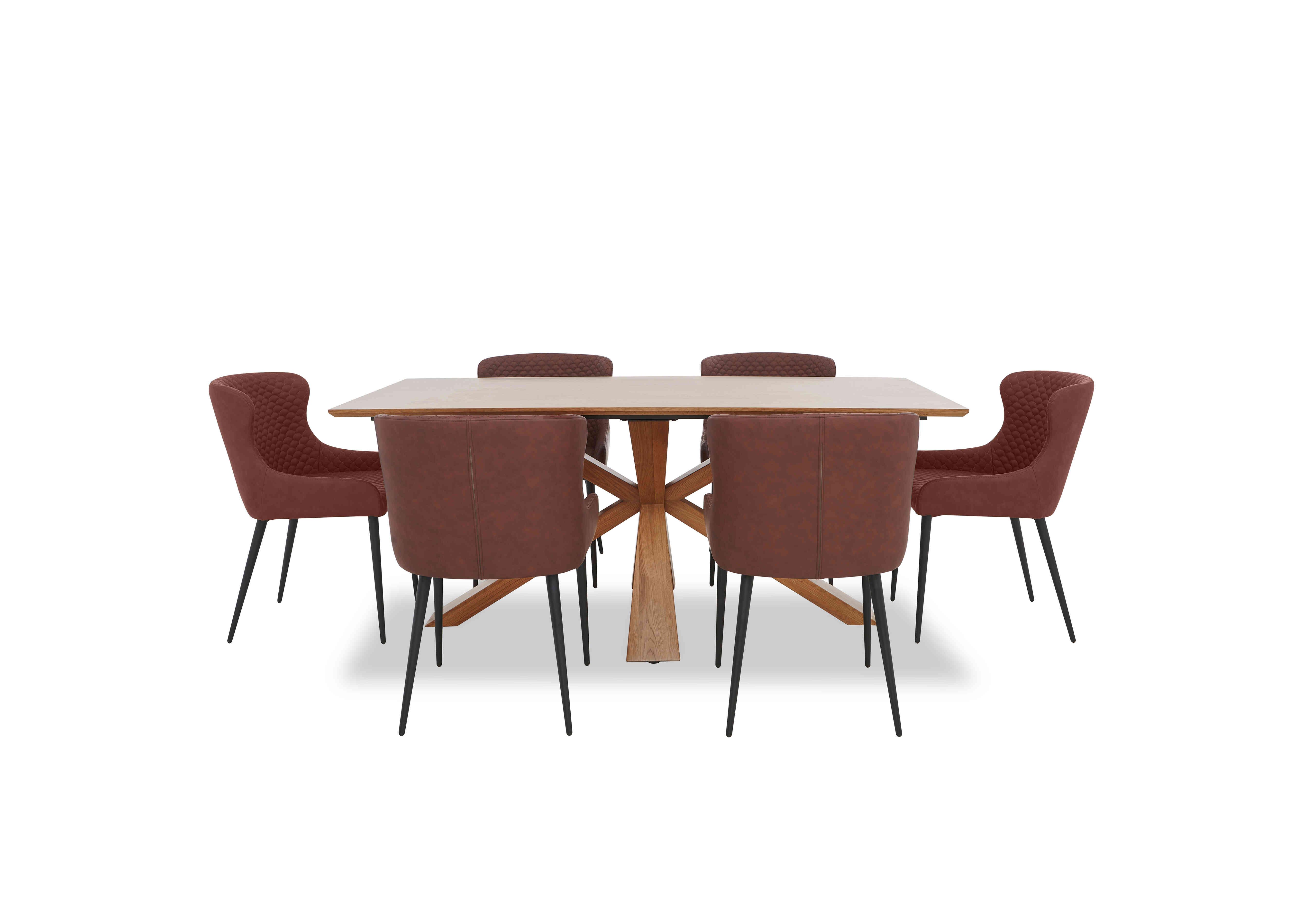 Hanoi Fixed Table with Wooden Base and 6 Faux Leather Dining Chairs in Tan on Furniture Village
