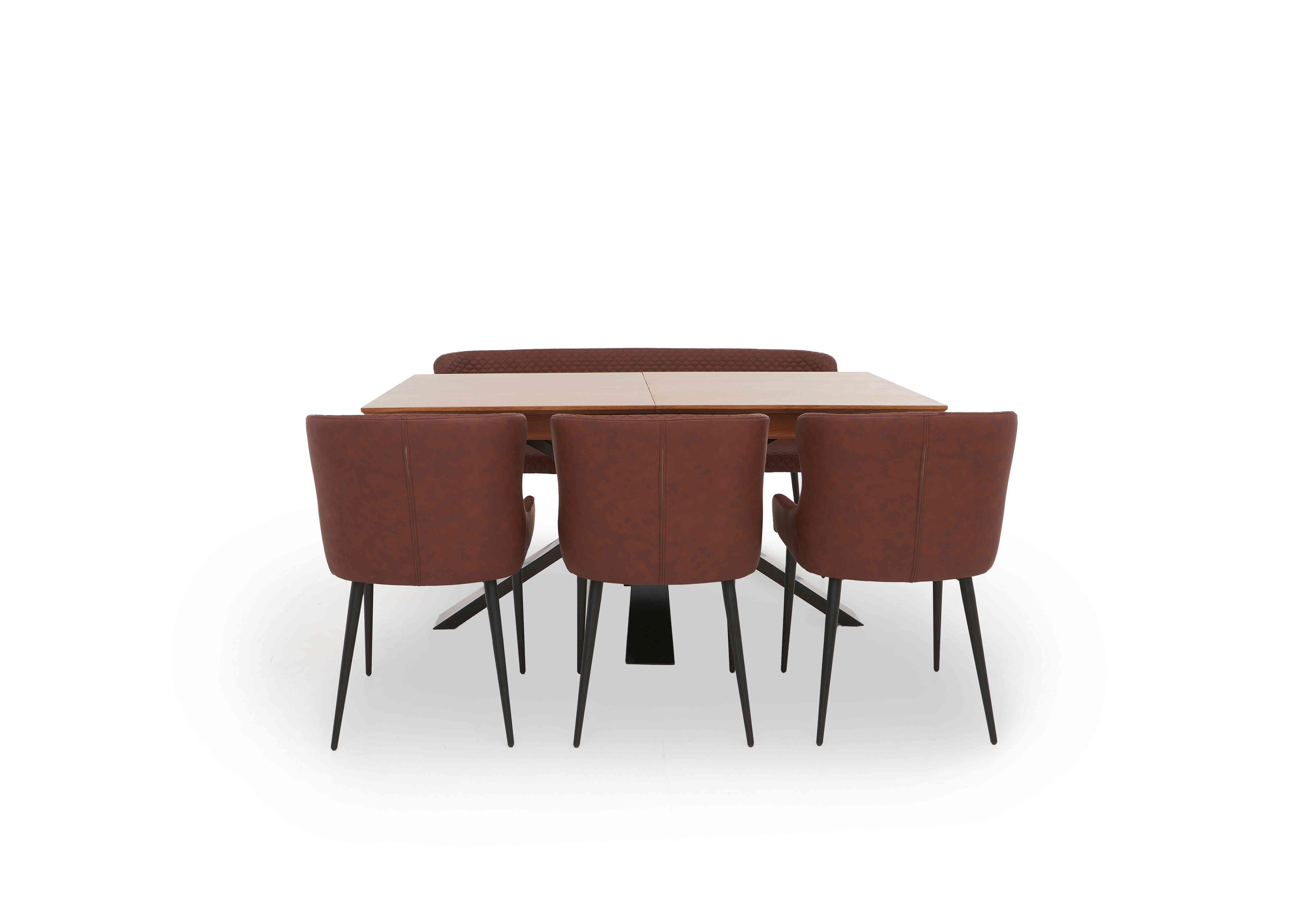 Hanoi Extending Table with Metal Base and 3 Faux Leather Dining Chairs and a Dining Bench in Tan on Furniture Village