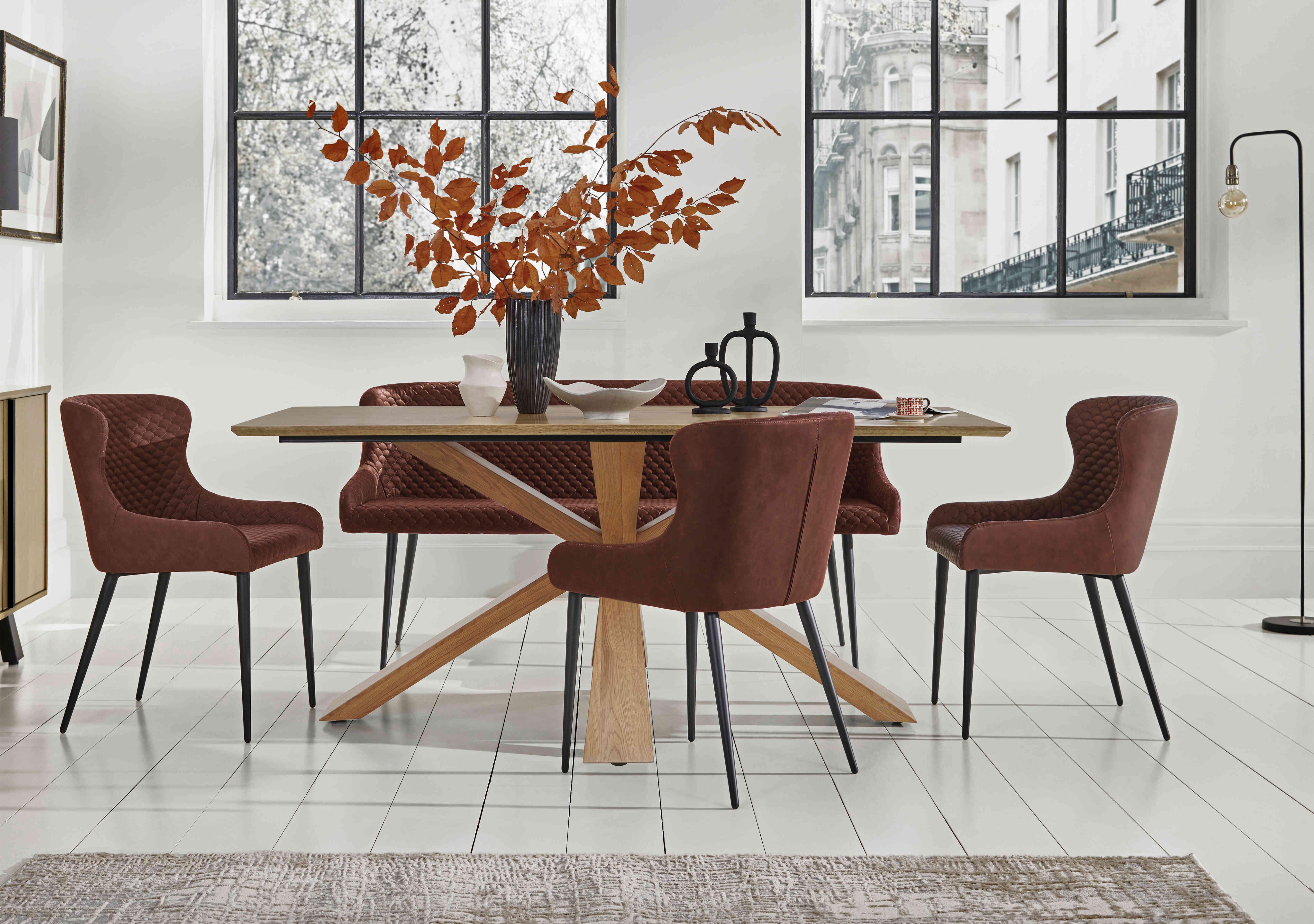 Hanoi Fixed Table with Wooden Base and 3 Faux Leather Dining Chairs and a Dining Bench in  on Furniture Village