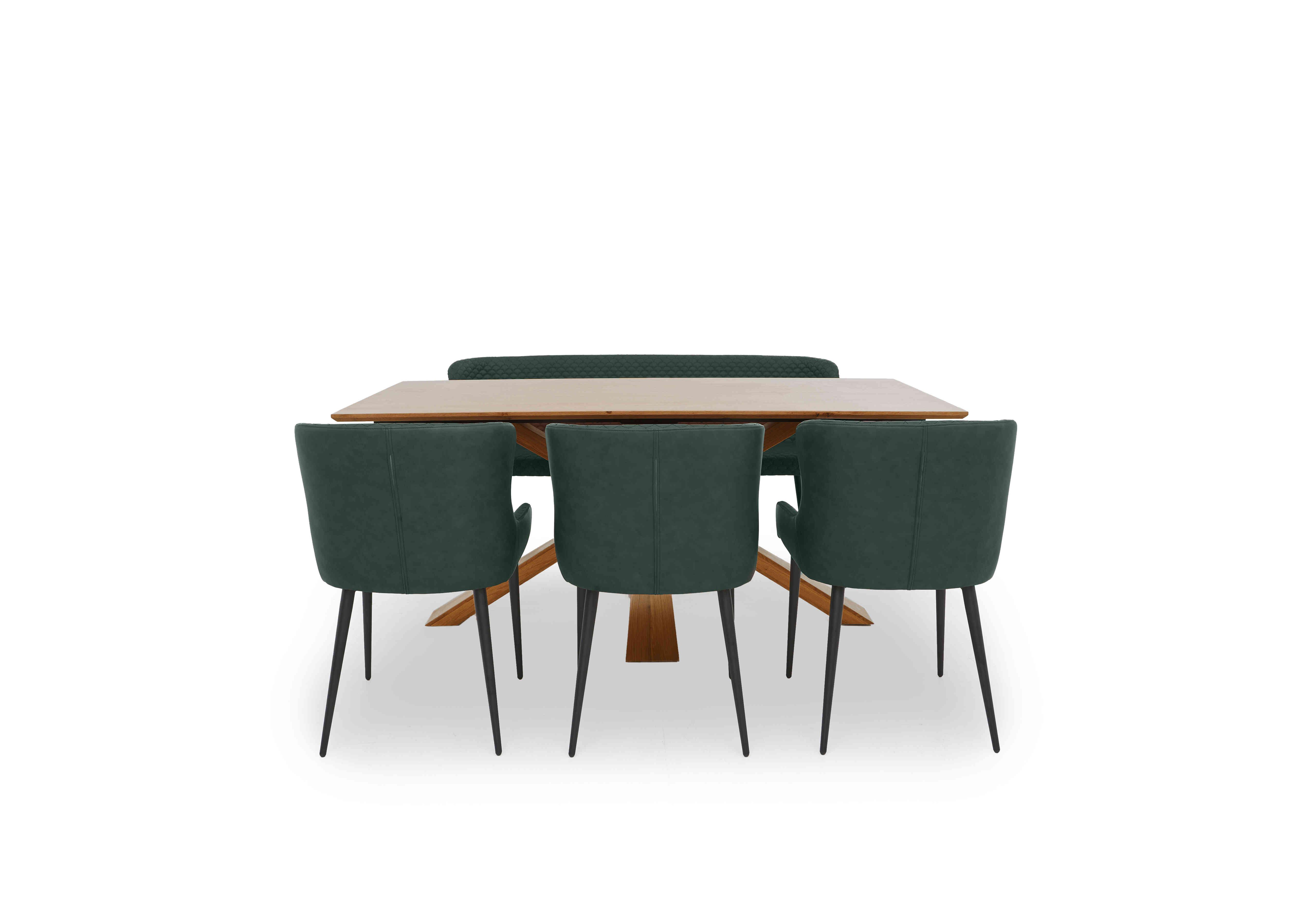 Hanoi Fixed Table with Wooden Base and 3 Faux Leather Dining Chairs and a Dining Bench in Bottle Green on Furniture Village