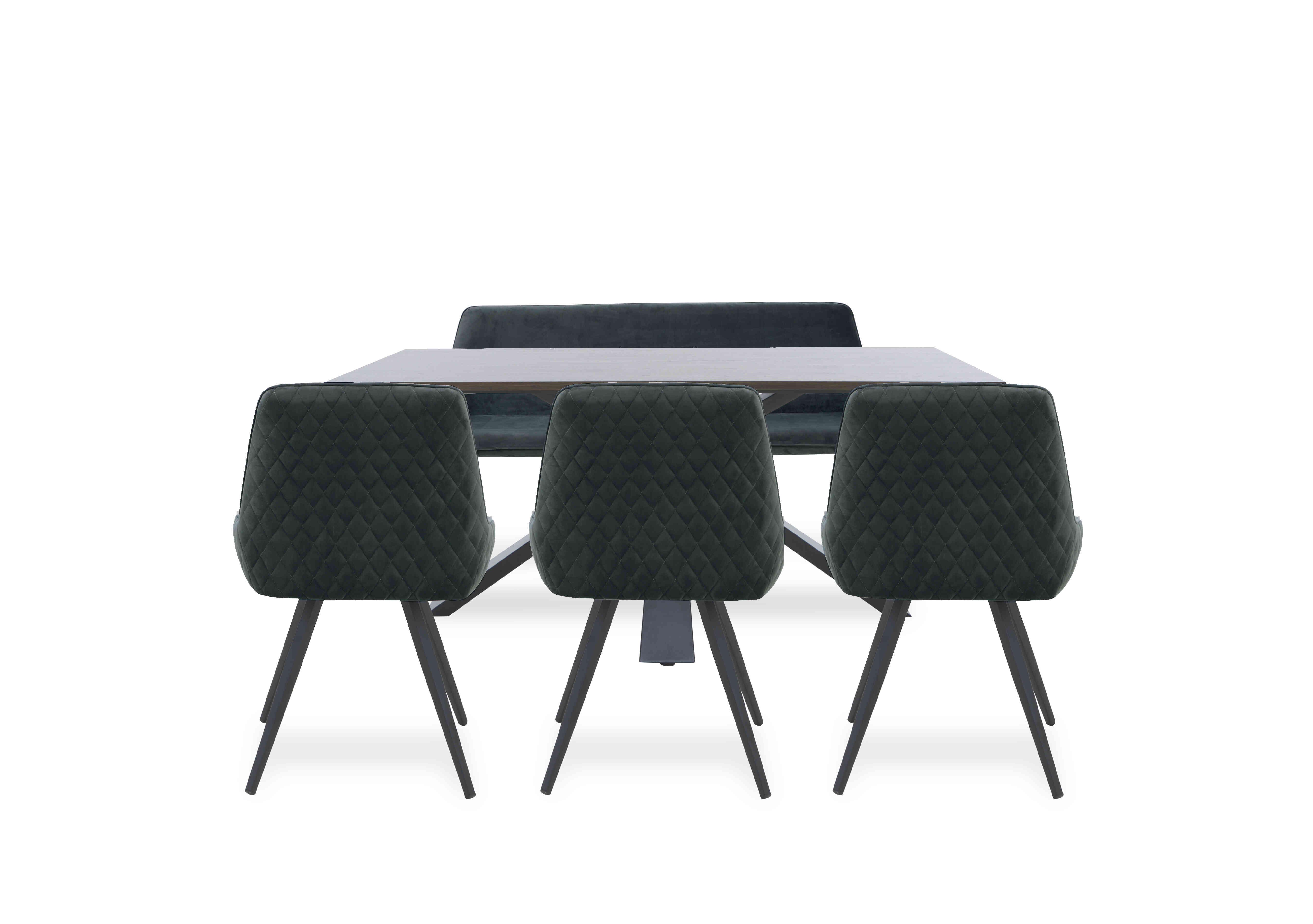 Saigon Fixed Table with Metal Base and 3 Velvet Dining Chairs and a Velvet Dining Bench in Forest Green Velvet on Furniture Village