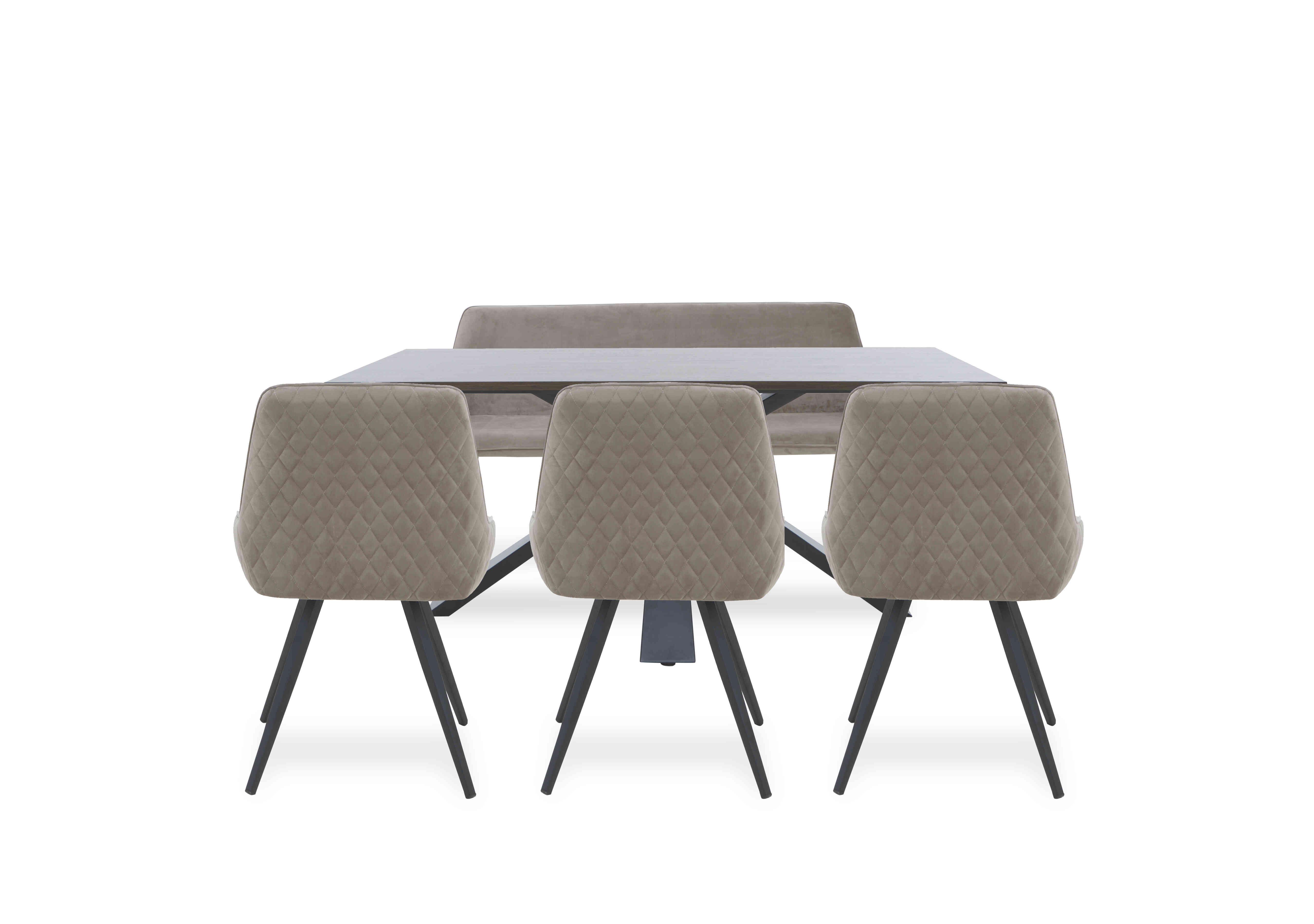 Saigon Fixed Table with Metal Base and 3 Velvet Dining Chairs and a Velvet Dining Bench in Taupe Velvet on Furniture Village