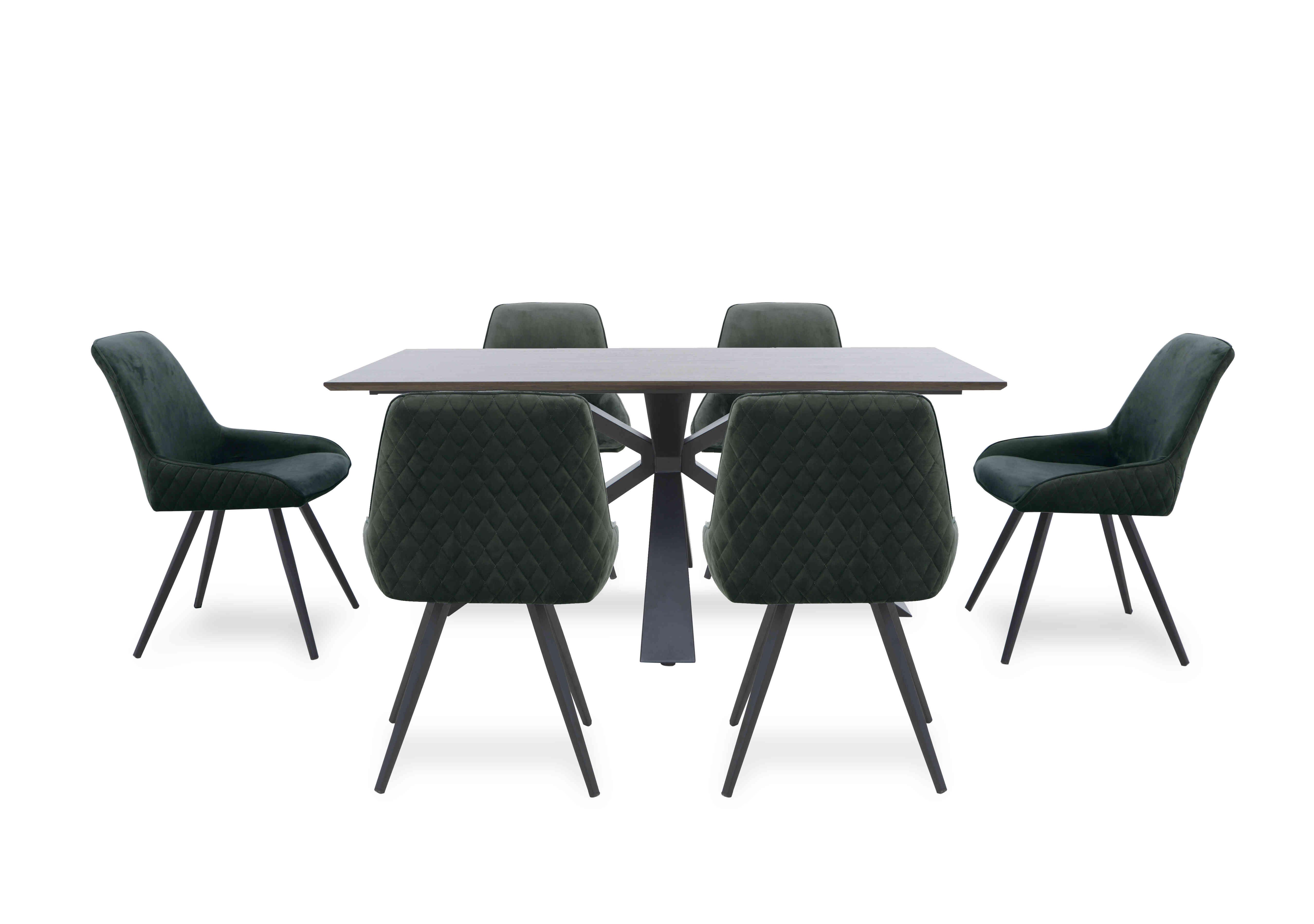 Saigon Fixed Table with Metal Base and 6 Velvet Dining Chairs in Forest Green Velvet on Furniture Village