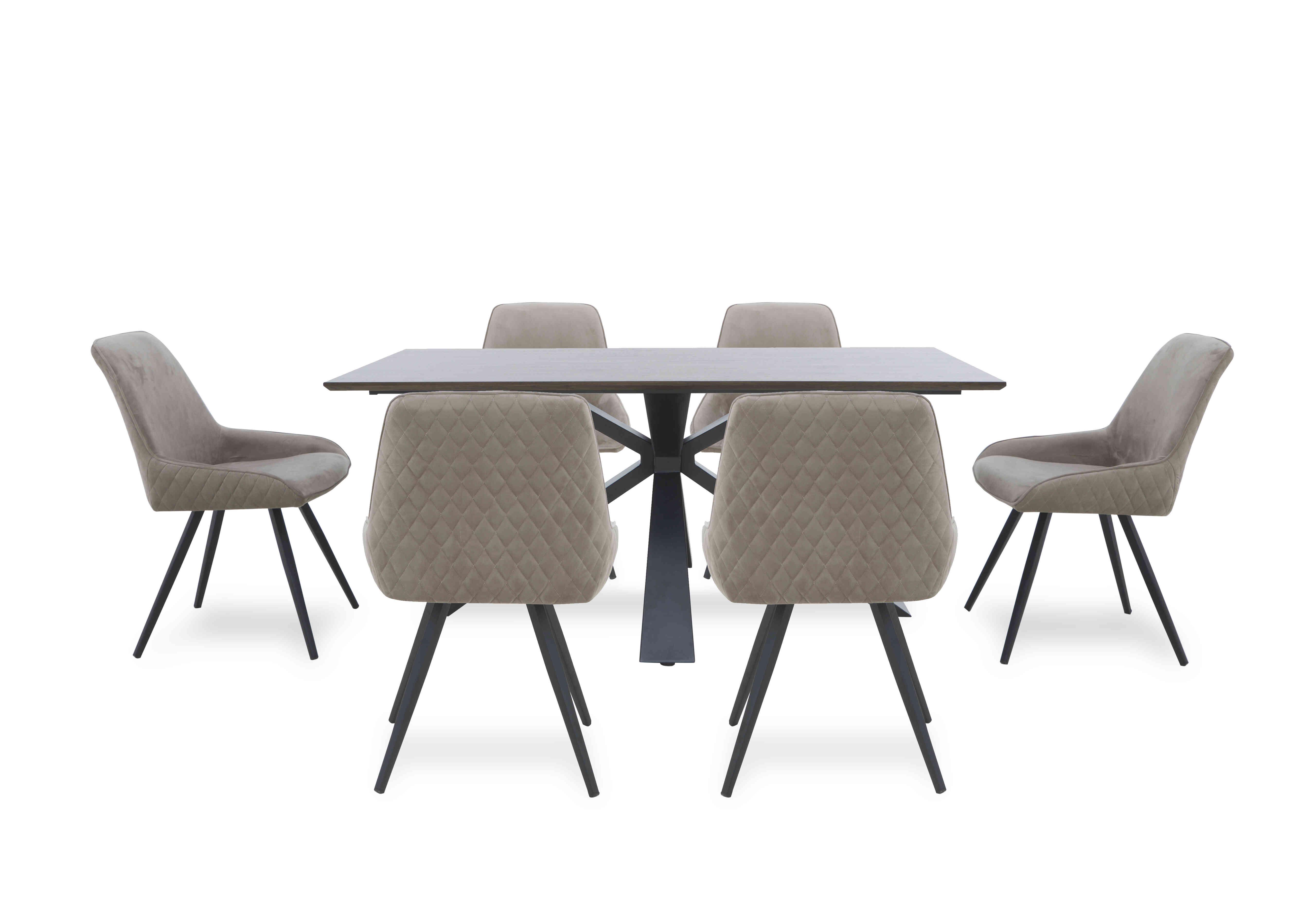 Saigon Fixed Table with Metal Base and 6 Velvet Dining Chairs in Taupe Velvet on Furniture Village