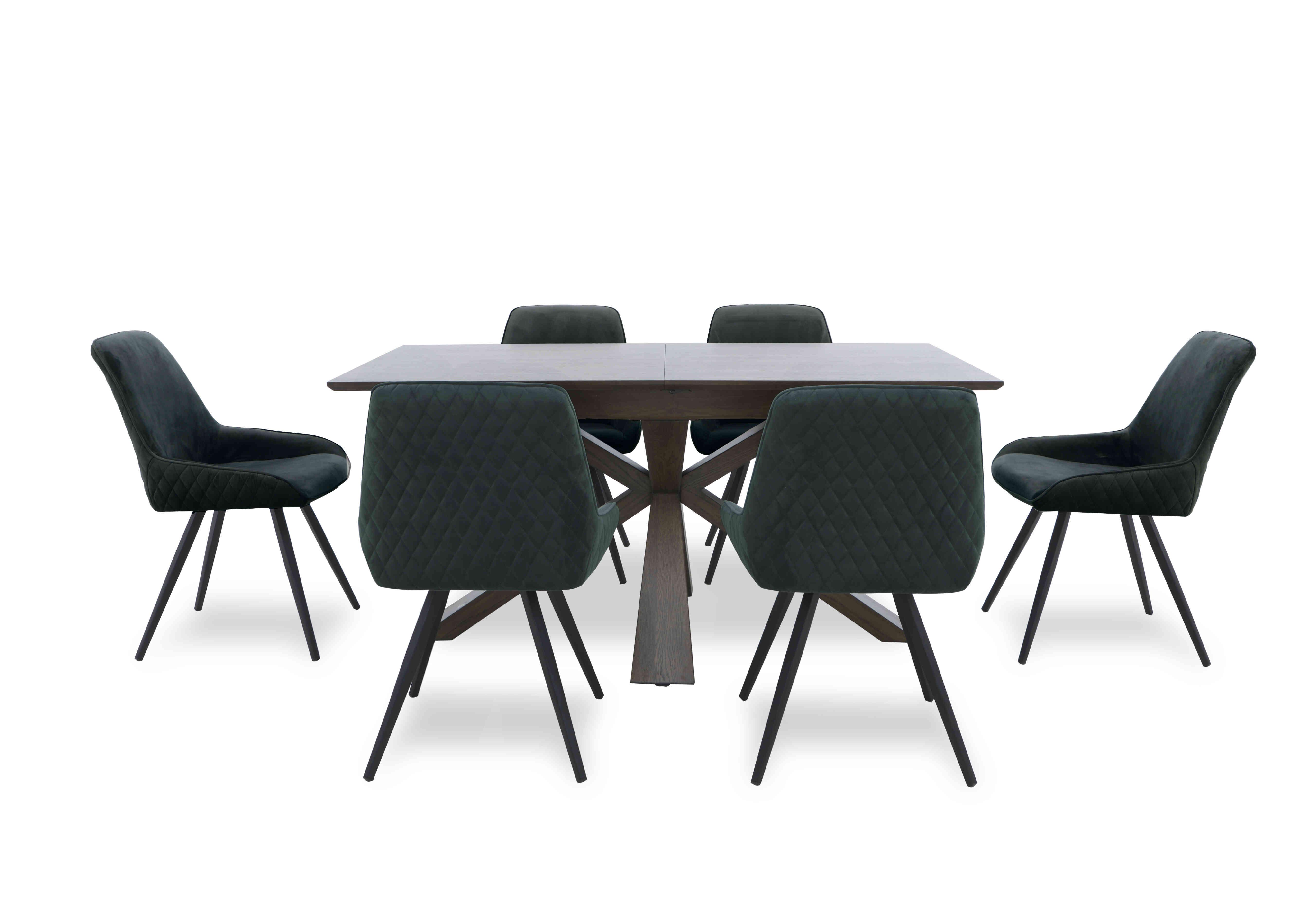 Saigon Extending Table with Wooden Base and 6 Velvet Dining Chairs in Forest Green Velvet on Furniture Village