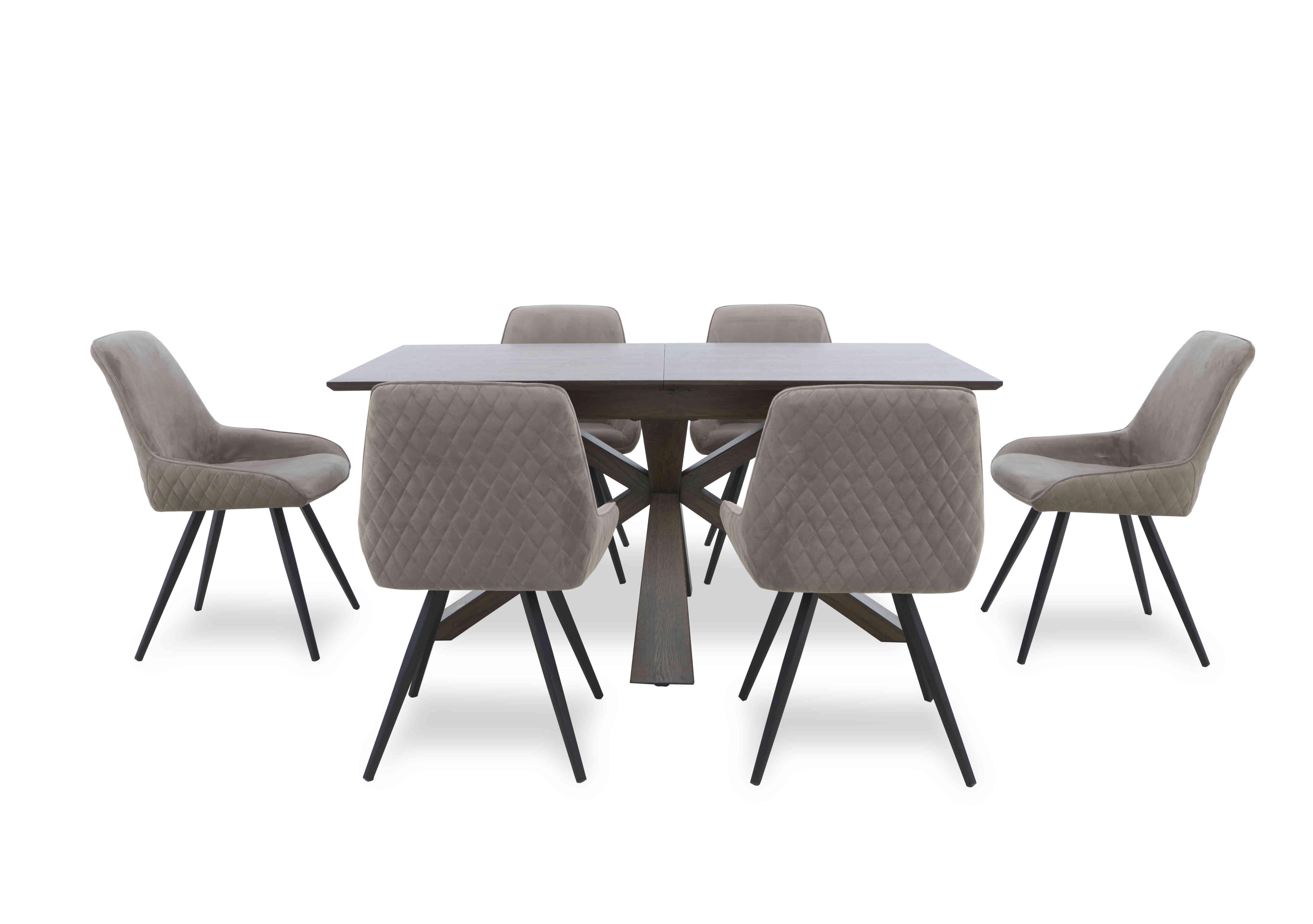 Saigon Extending Table with Wooden Base and 6 Velvet Dining Chairs in Taupe Velvet on Furniture Village