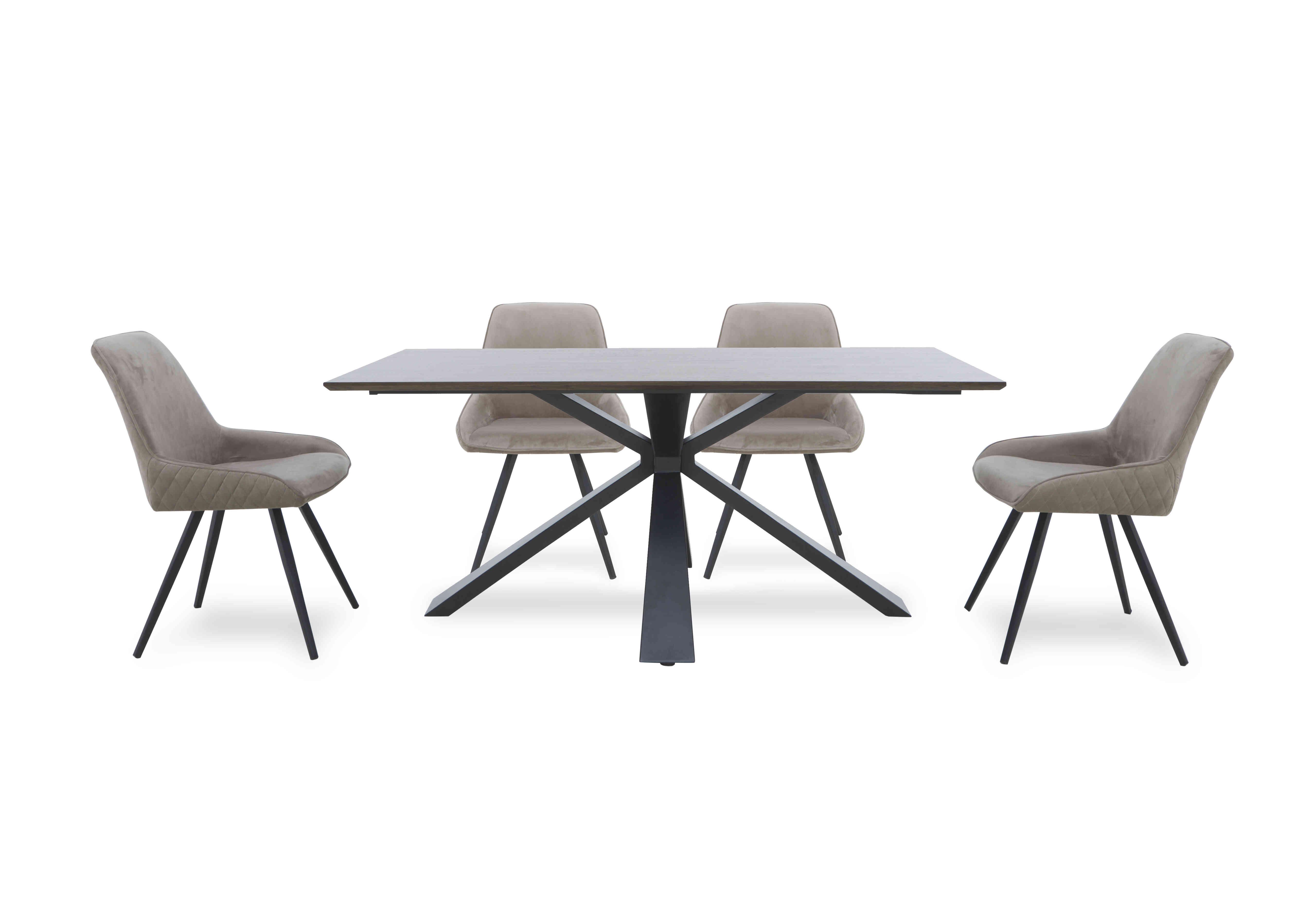 Saigon Fixed Table with Metal Base and 4 Velvet Dining Chairs in Taupe Velvet on Furniture Village