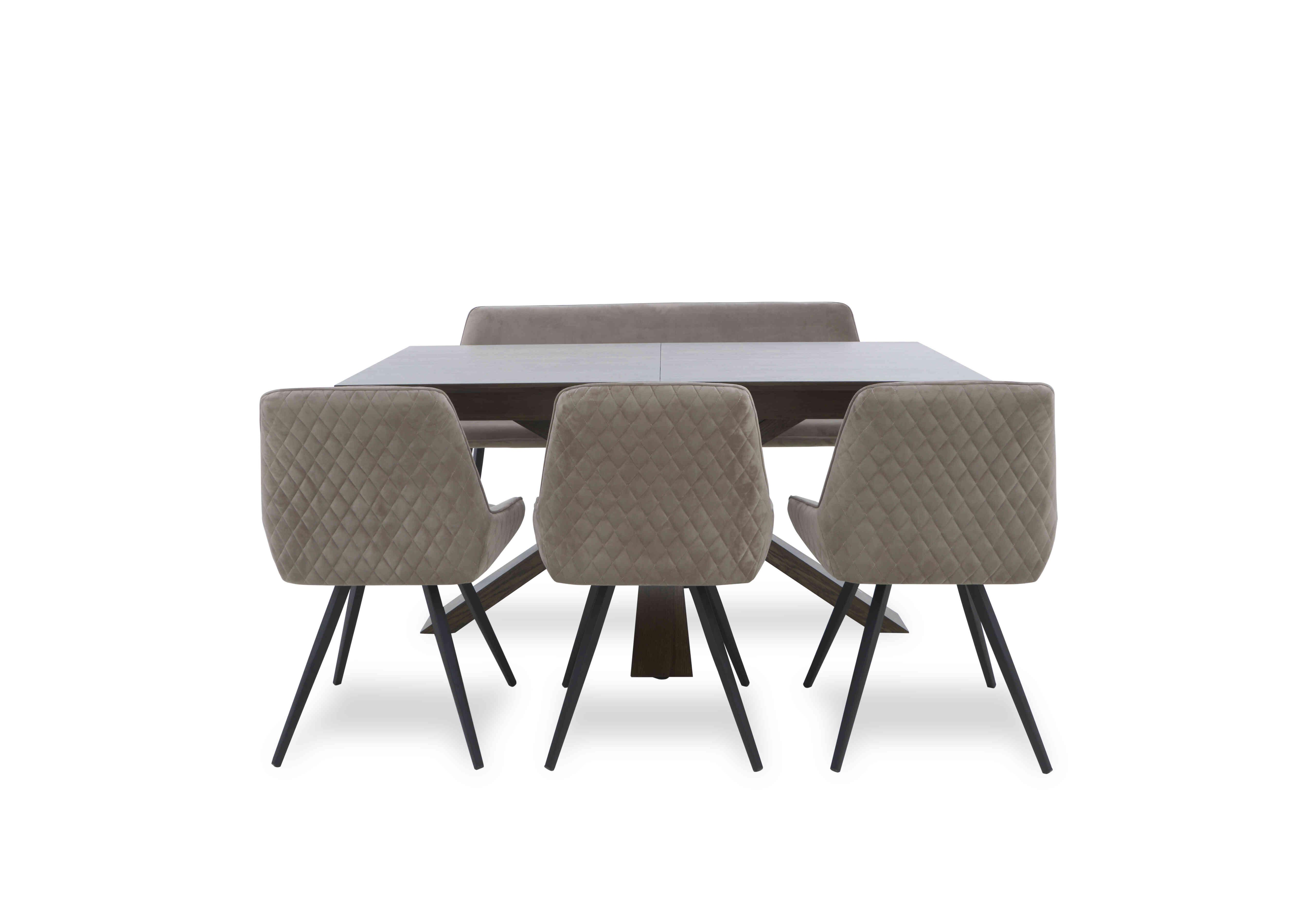 Saigon Extending Table with Wooden Base and 3 Velvet Dining Chairs and a Dining Bench in Taupe Velvet on Furniture Village