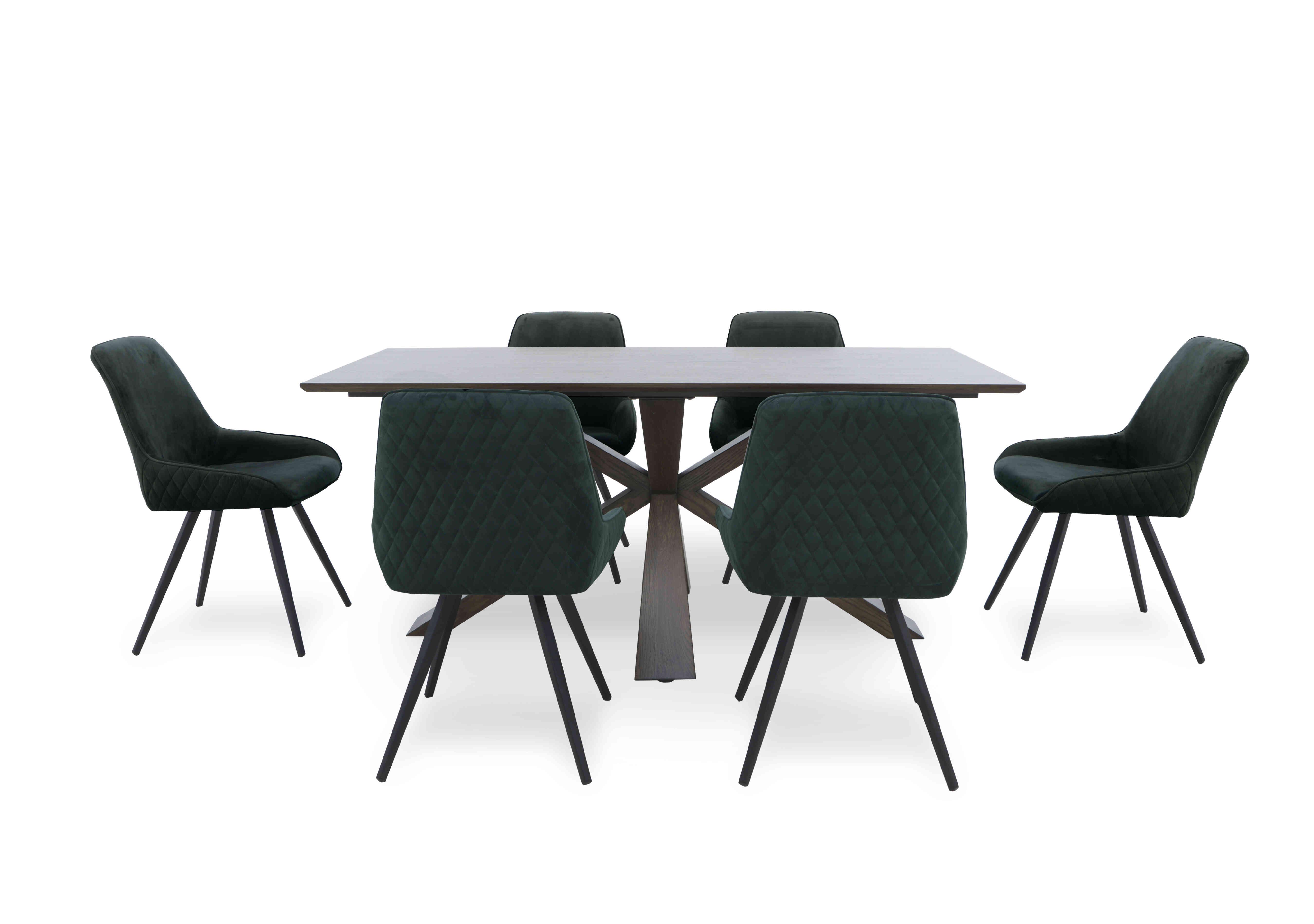 Saigon Fixed Table with Wooden Base and 6 Velvet Dining Chairs in Forest Green Velvet on Furniture Village