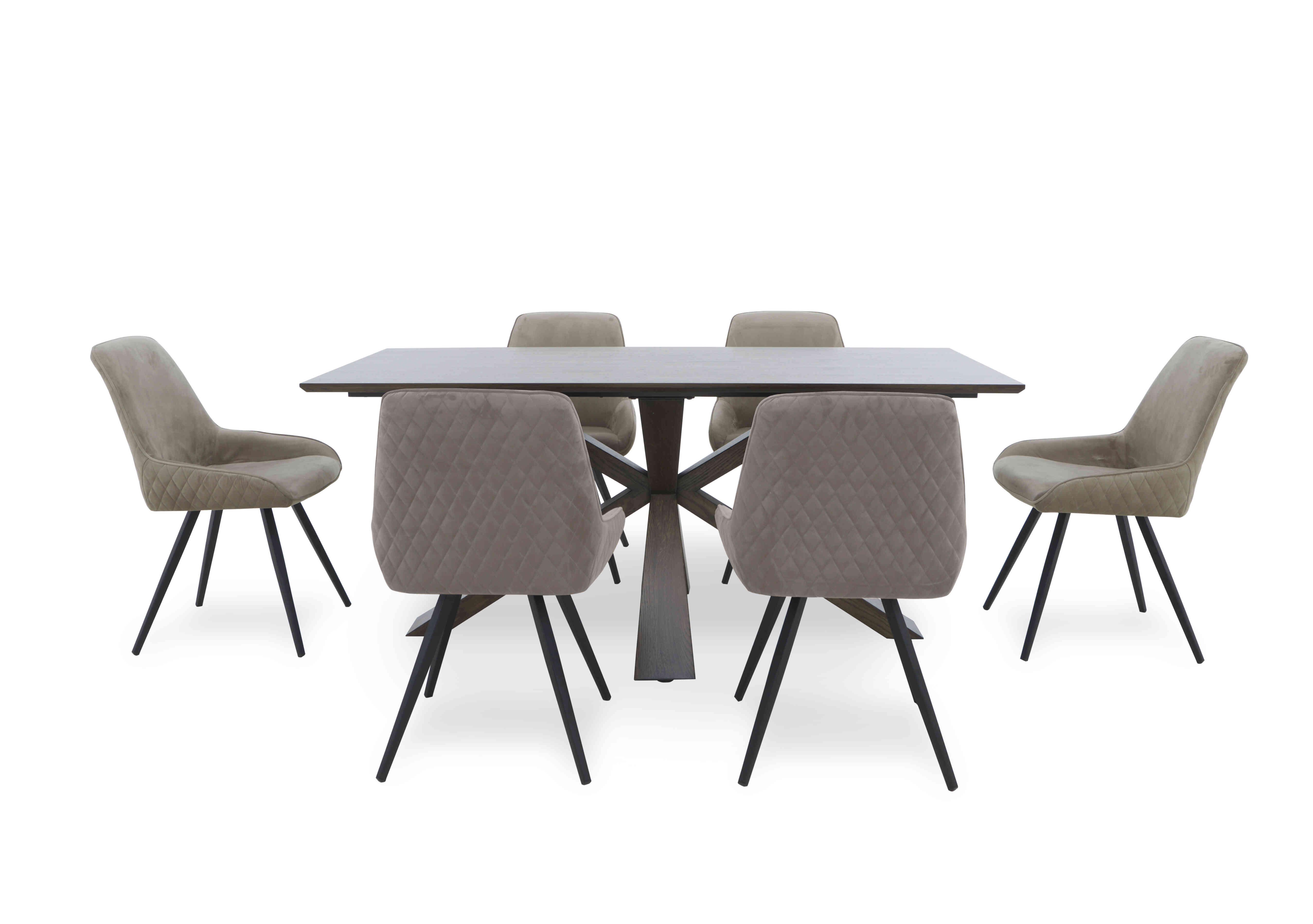 Saigon Fixed Table with Wooden Base and 6 Velvet Dining Chairs in Taupe Velvet on Furniture Village