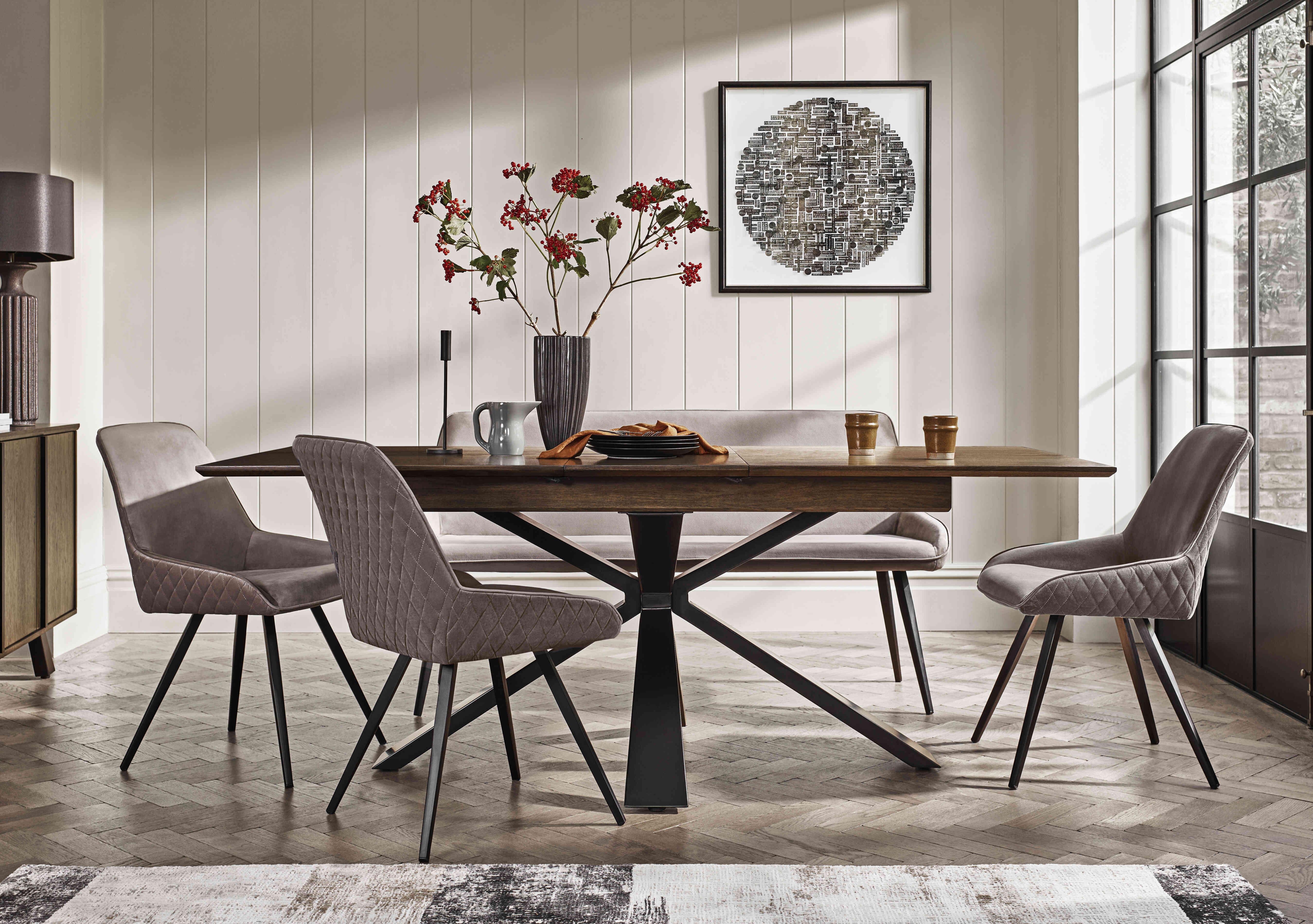 Saigon Extending Table with Metal Base and 3 Velvet Dining Chairs and Dining Bench in  on Furniture Village