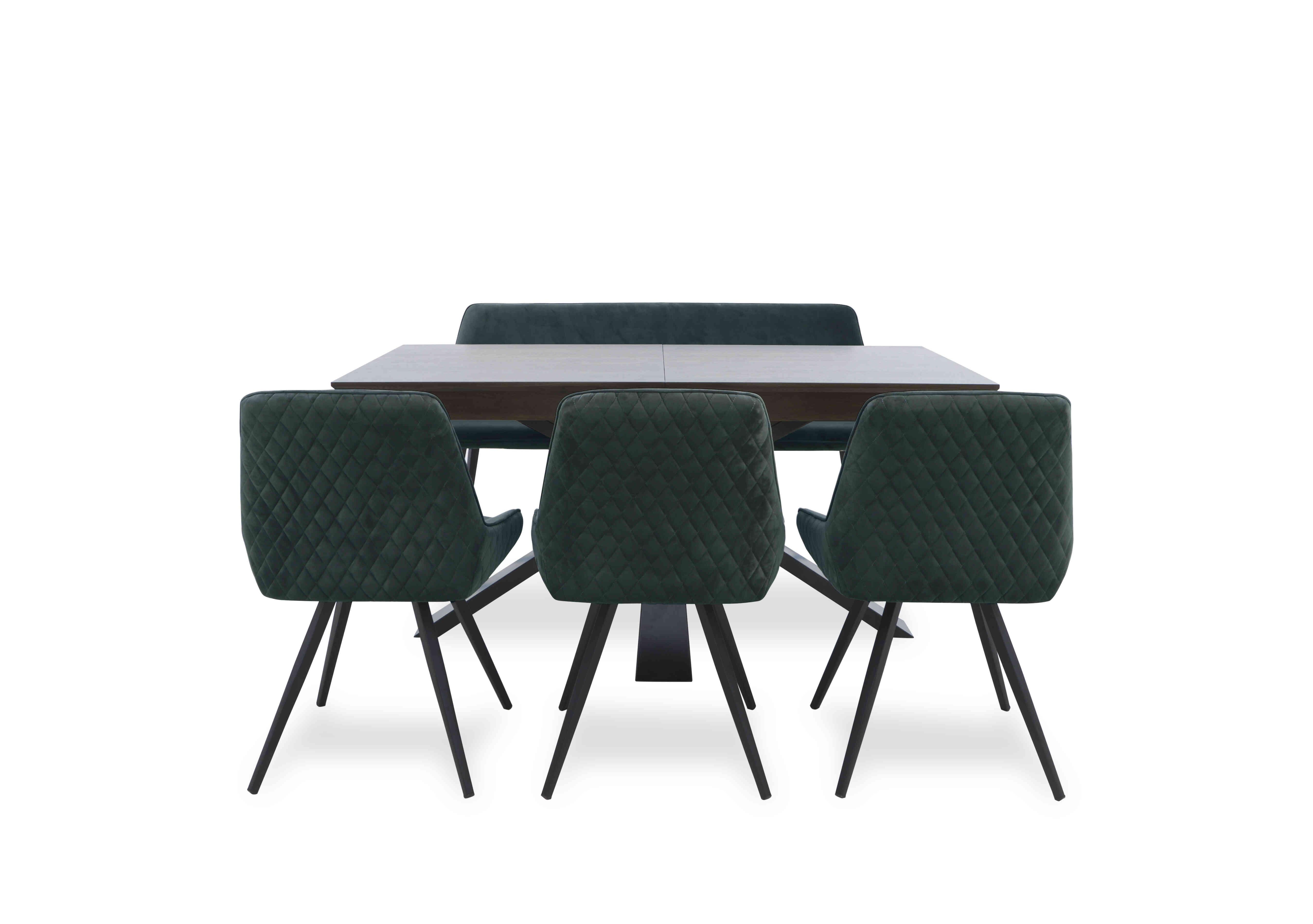 Saigon Extending Table with Metal Base and 3 Velvet Dining Chairs and Dining Bench in Forest Green Velvet on Furniture Village
